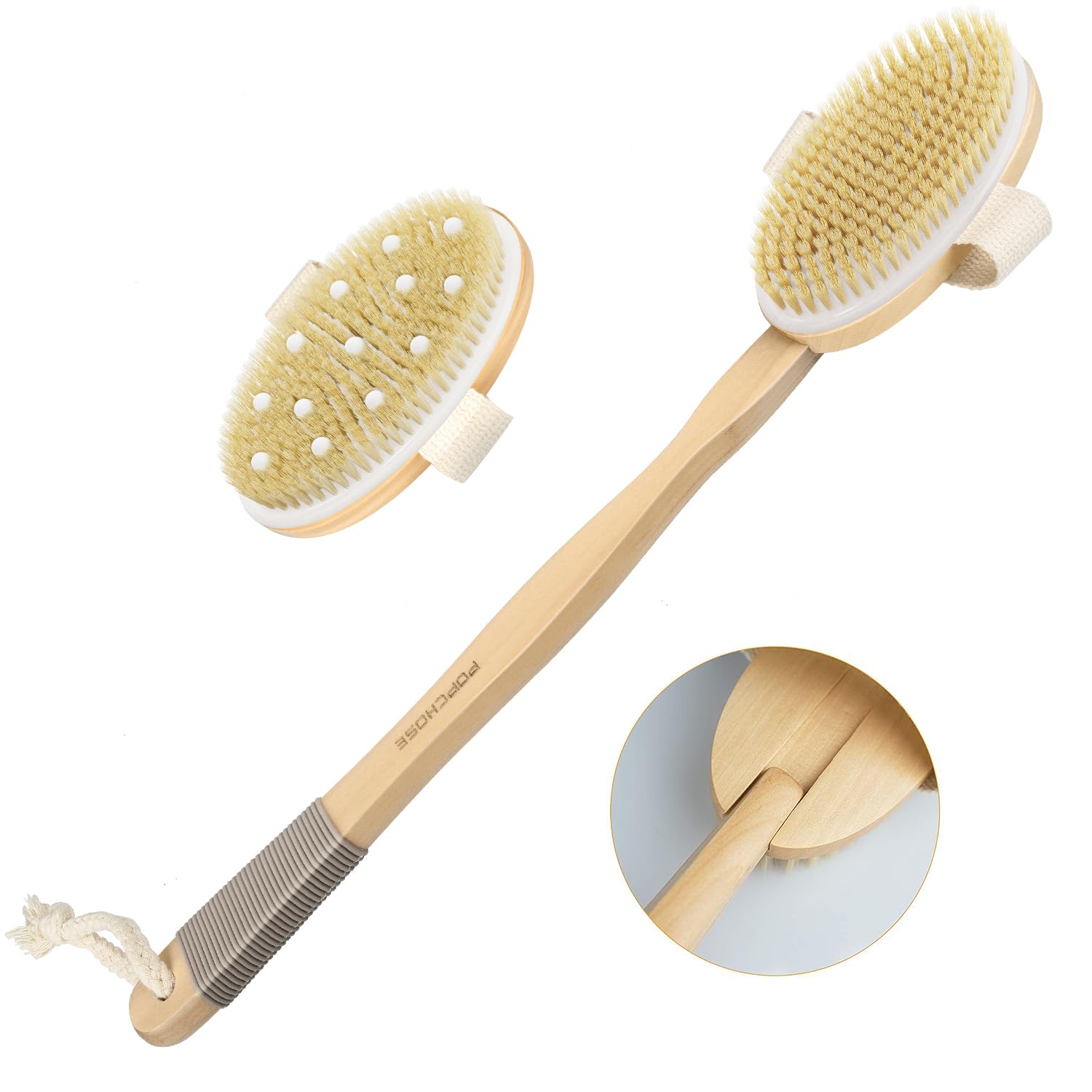 POPCHOSE Dry Brushing Body Brush – Dual-Head Back Scrubber with Long Detachable Handle