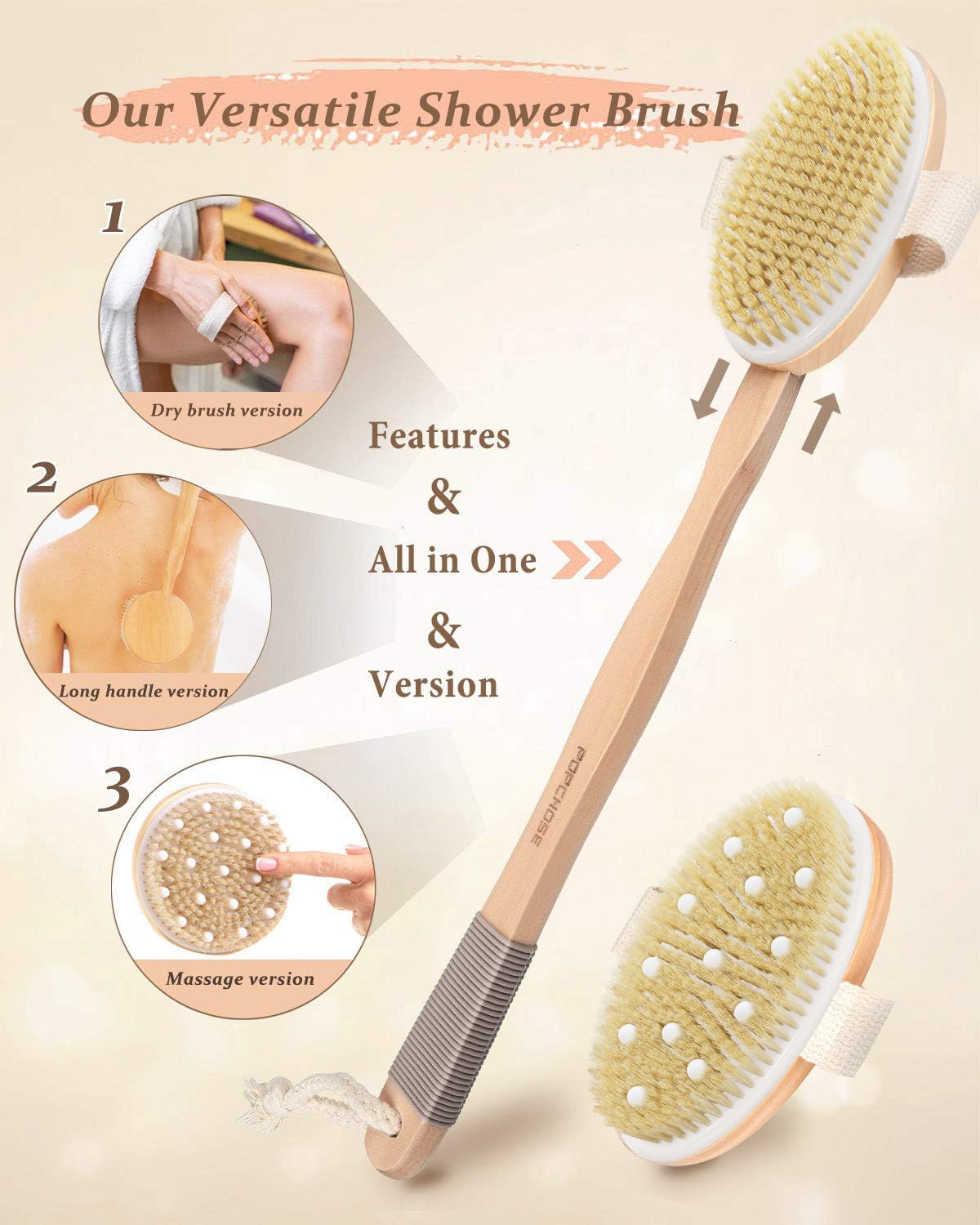 POPCHOSE Dry Brushing Body Brush – Dual-Head Back Scrubber with Long Detachable Handle