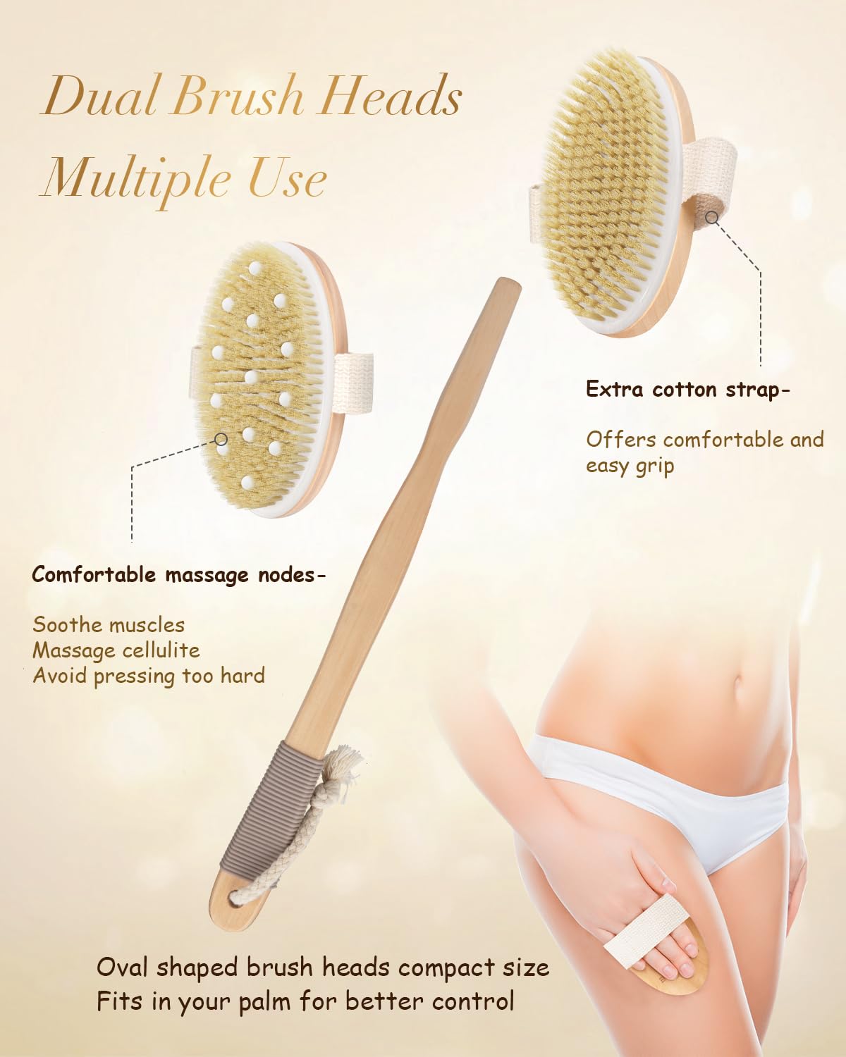 POPCHOSE Dry Brushing Body Brush – Dual-Head Back Scrubber with Long Detachable Handle