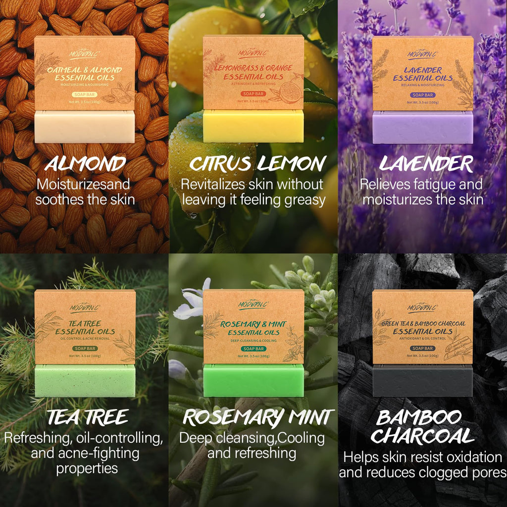 POP MODERN.C Natural Bar Soap Set – 6 Organic Plant-Extract Soaps (Tea Tree, Almond, Lemon, Lavender, Bamboo Charcoal, Mint)