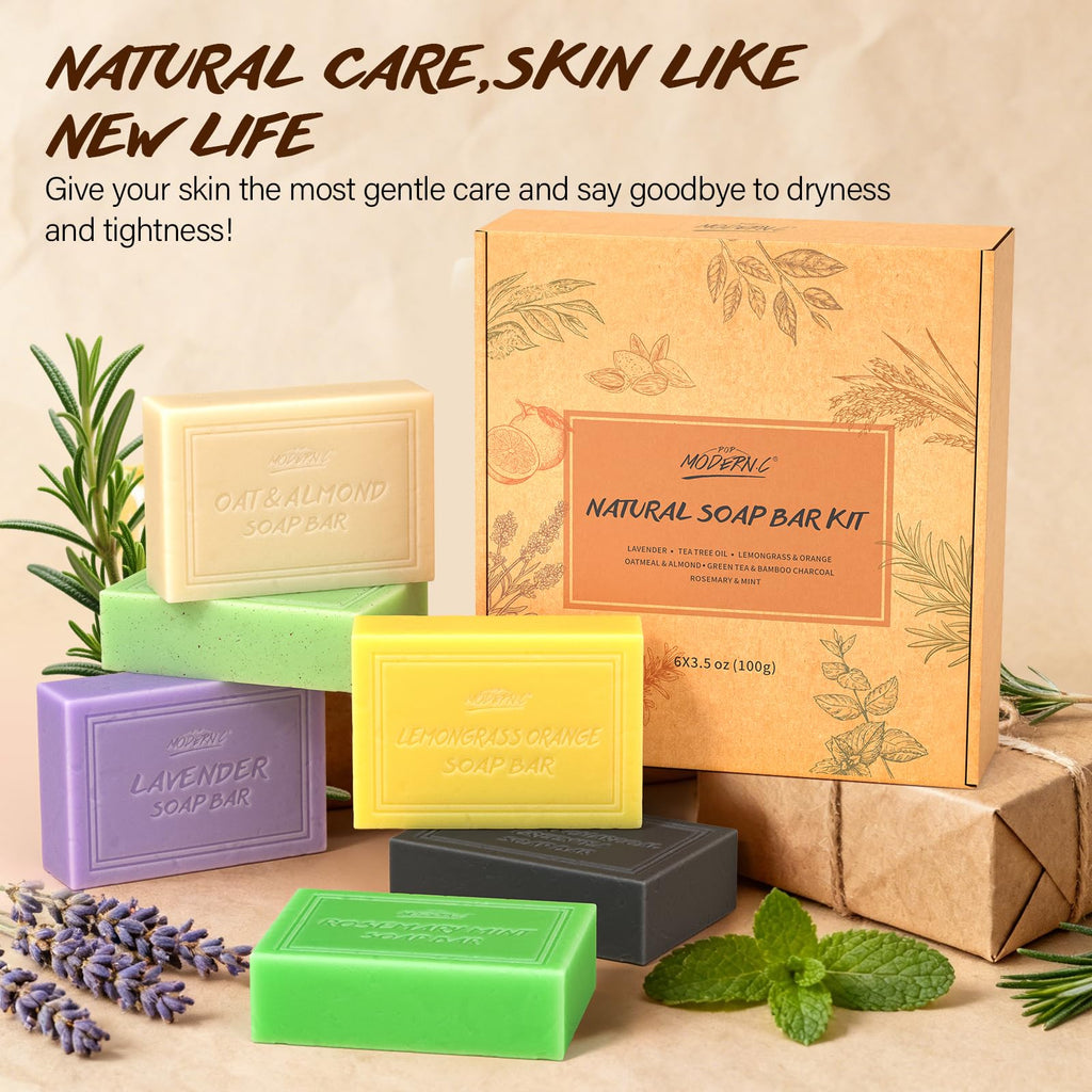 POP MODERN.C Natural Bar Soap Set – 6 Organic Plant-Extract Soaps (Tea Tree, Almond, Lemon, Lavender, Bamboo Charcoal, Mint)