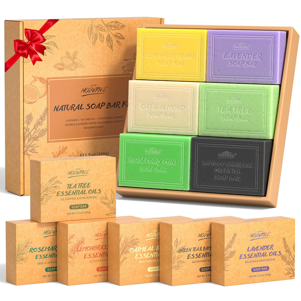 POP MODERN.C Natural Bar Soap Set – 6 Organic Plant-Extract Soaps (Tea Tree, Almond, Lemon, Lavender, Bamboo Charcoal, Mint)