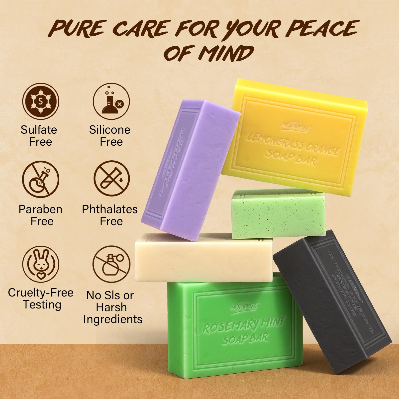 POP MODERN.C Natural Bar Soap Set – 6 Organic Plant-Extract Soaps (Tea Tree, Almond, Lemon, Lavender, Bamboo Charcoal, Mint)