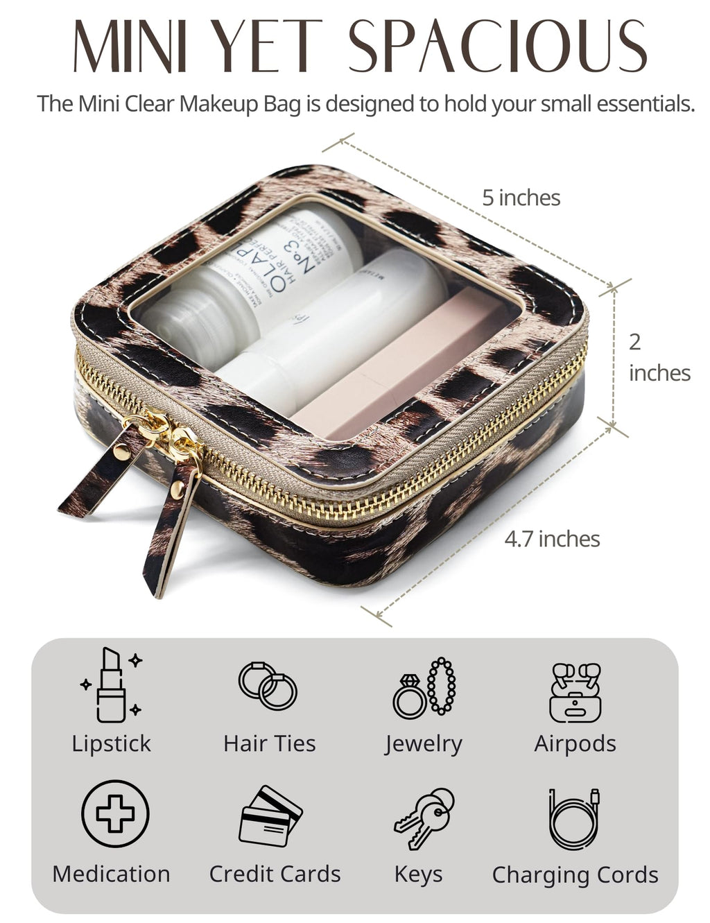 Popvibe Clear Leopard Makeup Bag – Compact Faux Leather Pouch for Purse, Travel & On-the-Go Essentials
