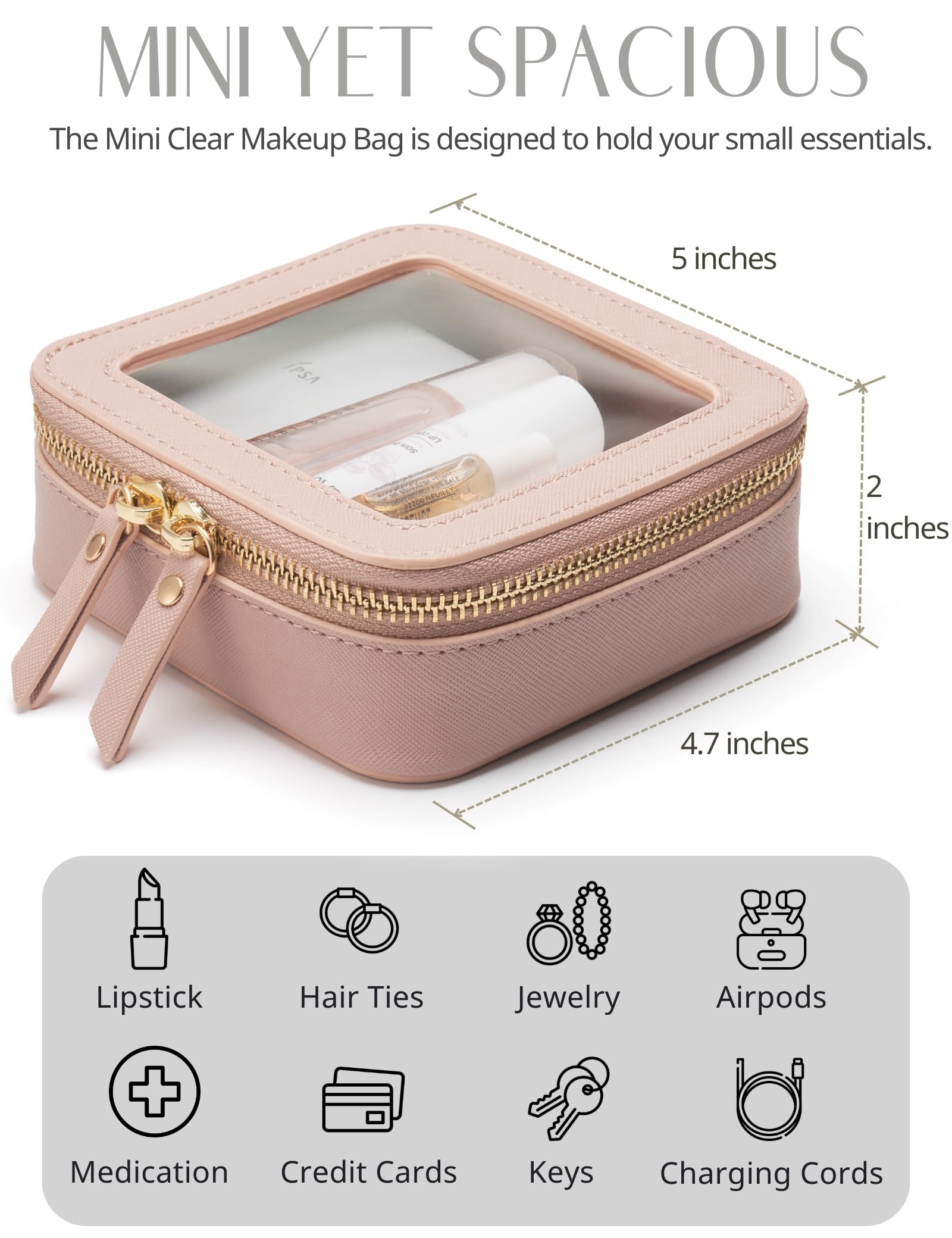 Popvibe Small Clear Pink Makeup Bag – Mini Leather Cosmetic Pouch for Travel & Everyday