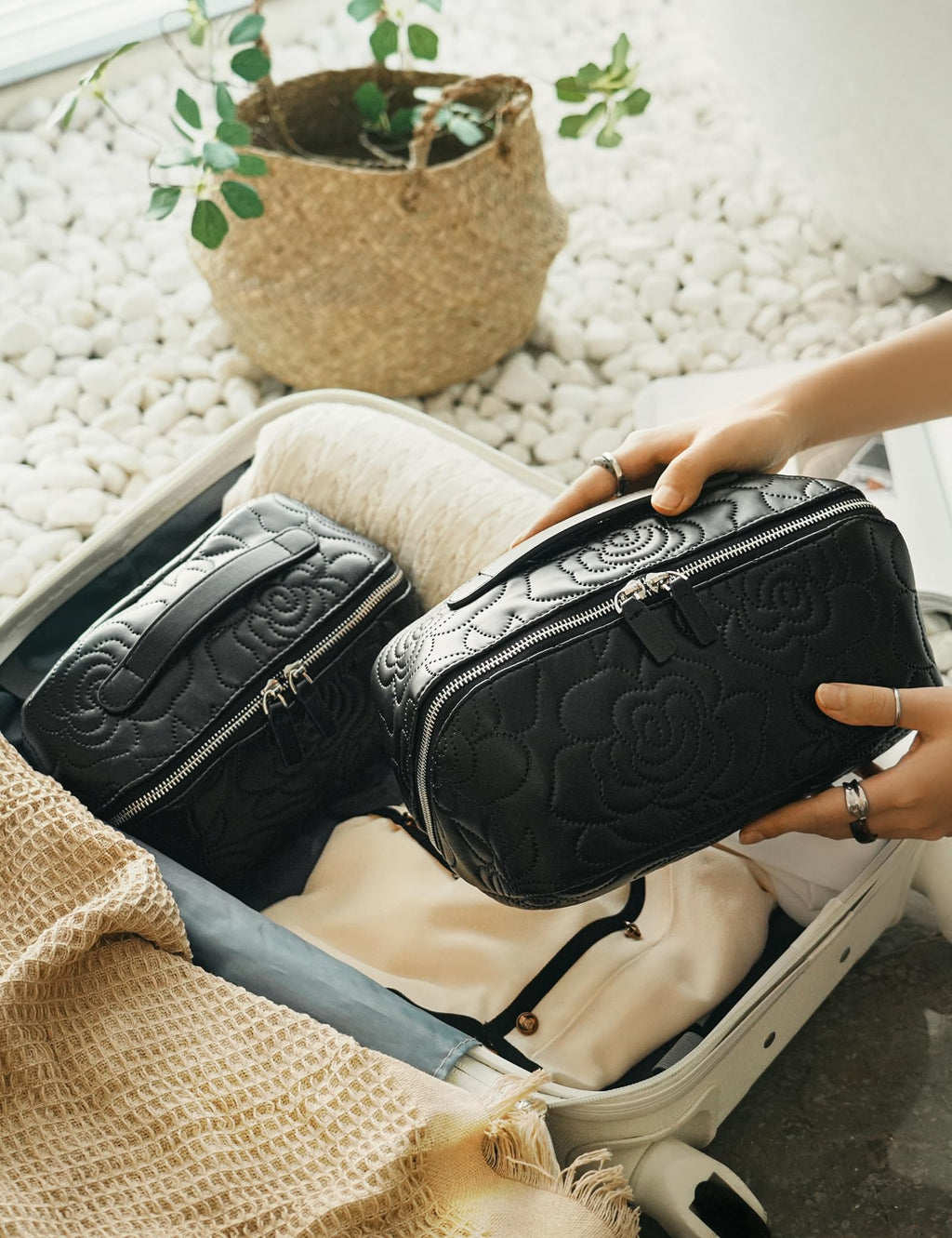 Popvibe Open Flat Makeup Bag | Large Capacity Travel Cosmetic Case for Women – Black
