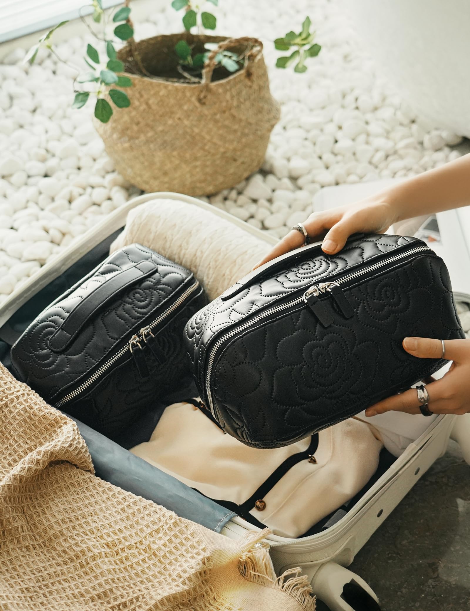 Popvibe Open Flat Makeup Bag | Large Capacity Travel Cosmetic Case for Women – Black