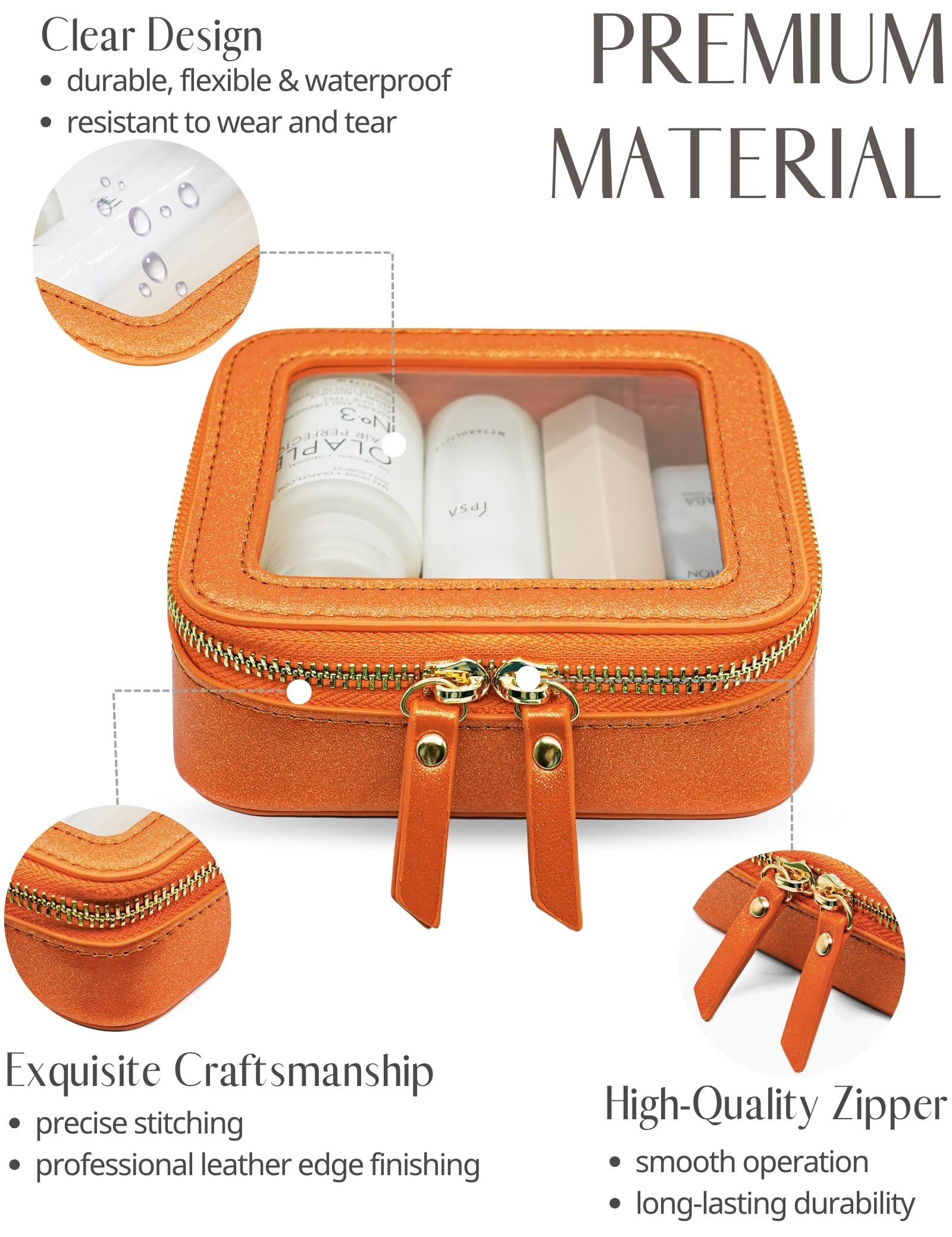 Popvibe Clear Makeup Bag with Zipper – Orange Mini Travel Case & Pouch Organizer