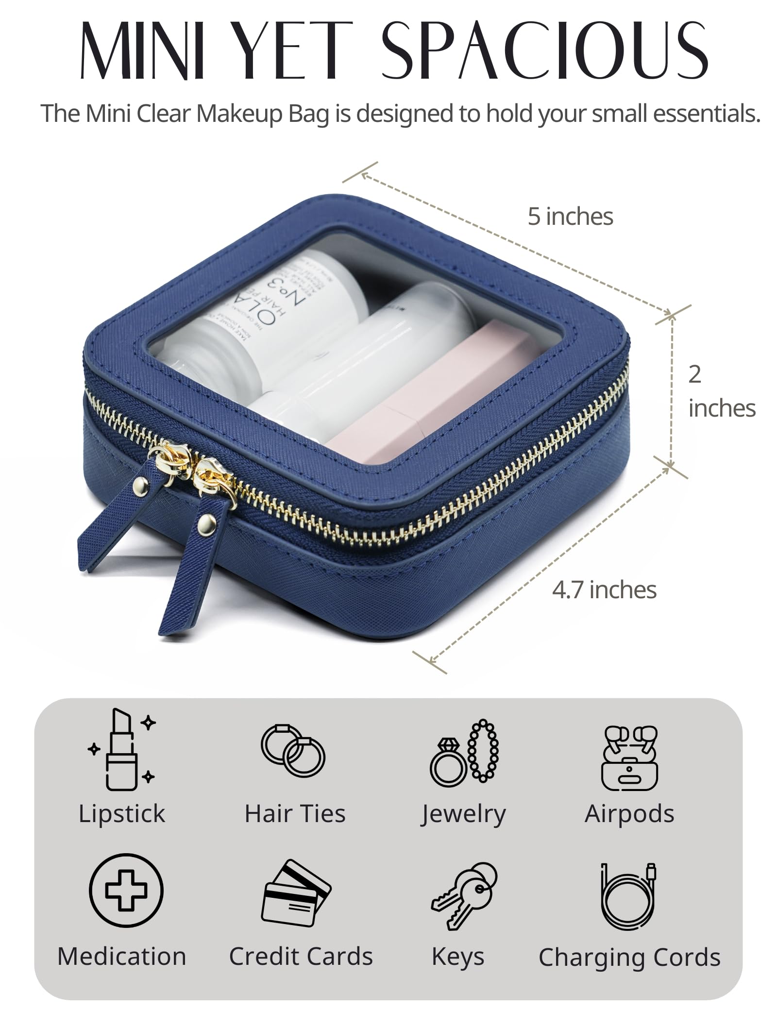 Popvibe Clear Makeup Bag with Zipper — Navy Blue Mini Pouch for Travel & Purse Organization