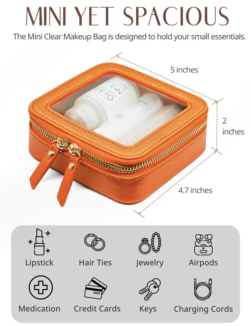 Popvibe Clear Makeup Bag with Zipper – Orange Mini Travel Case & Pouch Organizer