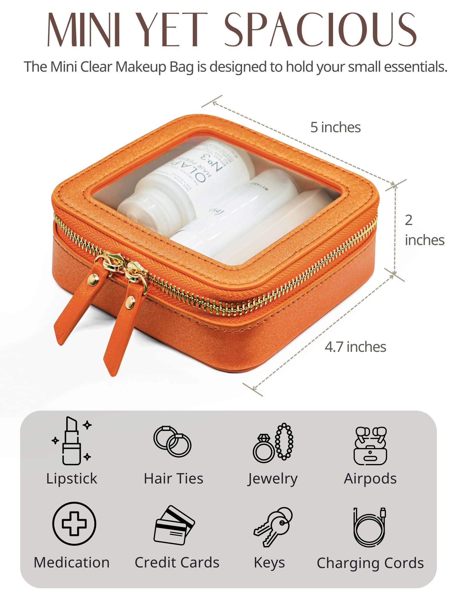 Popvibe Clear Makeup Bag with Zipper – Orange Mini Travel Case & Pouch Organizer