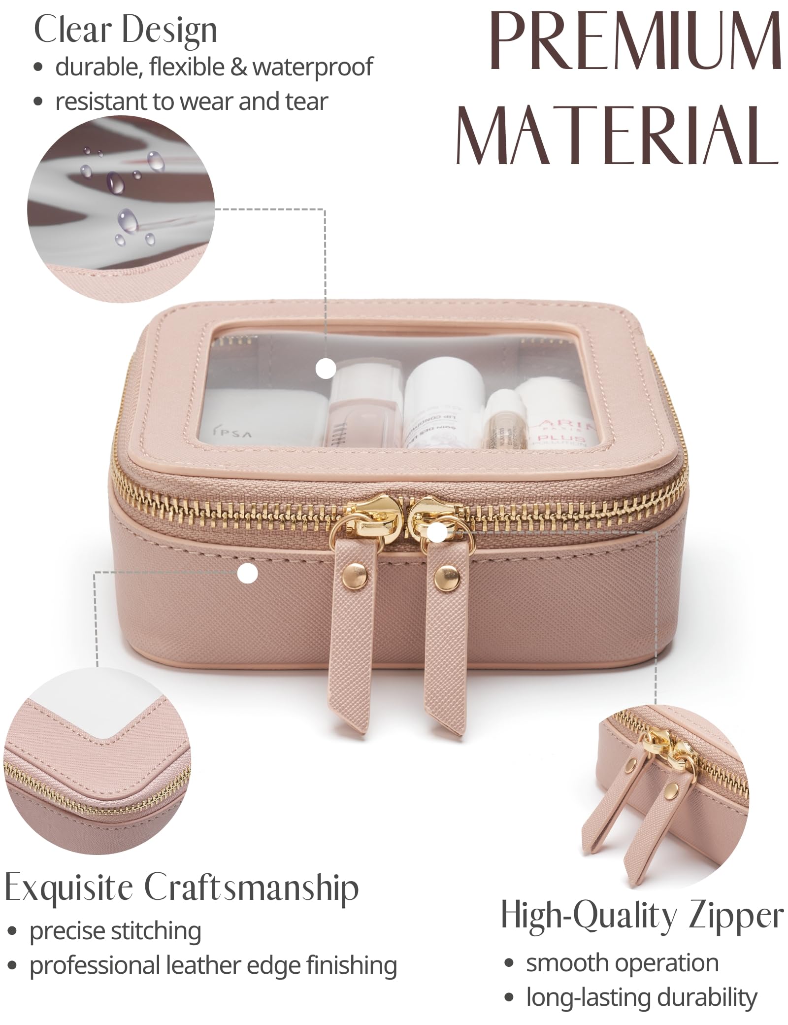 Popvibe Small Clear Pink Makeup Bag – Mini Leather Cosmetic Pouch for Travel & Everyday