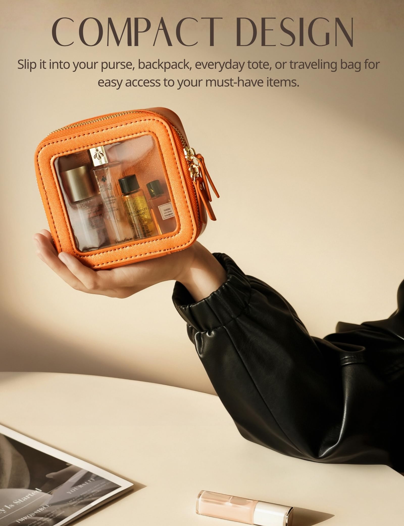 Popvibe Clear Makeup Bag with Zipper – Orange Mini Travel Case & Pouch Organizer