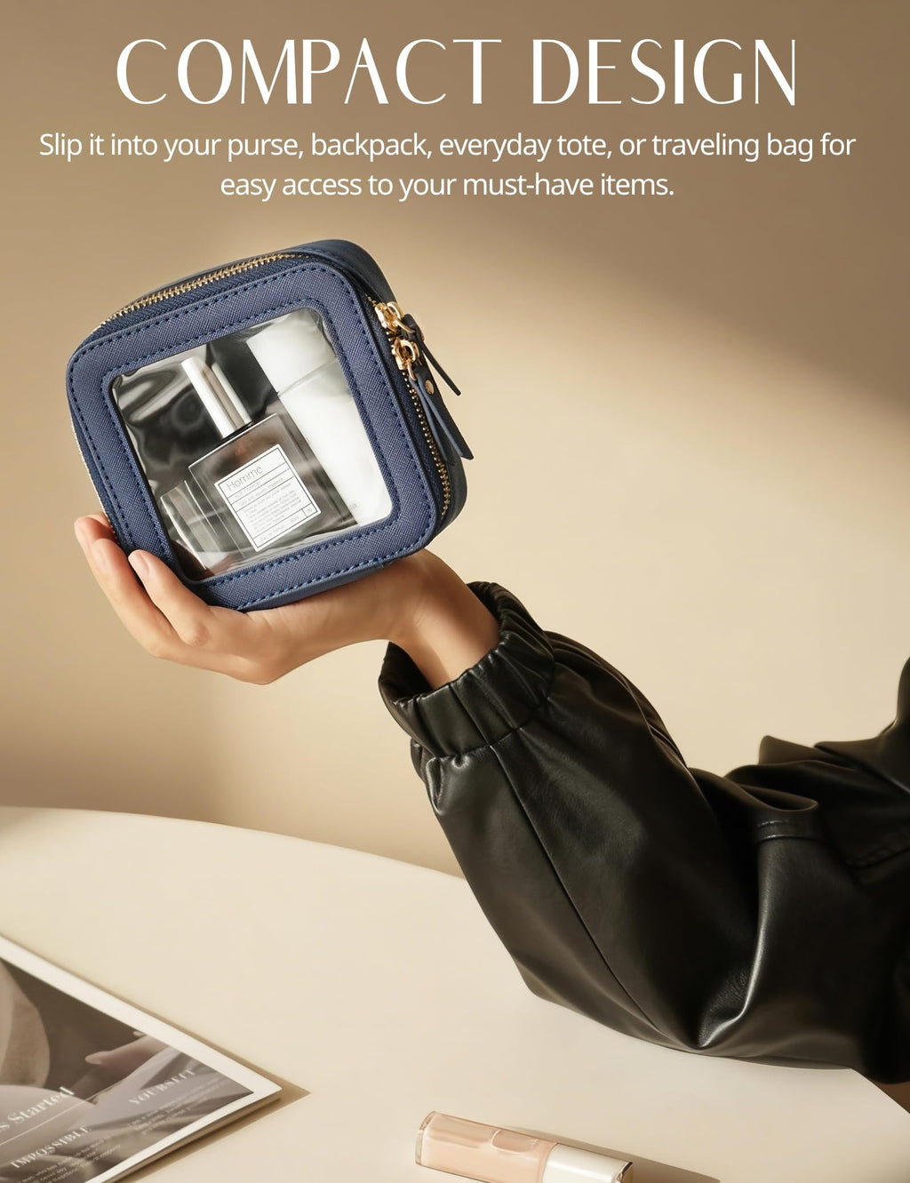 Popvibe Clear Makeup Bag with Zipper — Navy Blue Mini Pouch for Travel & Purse Organization