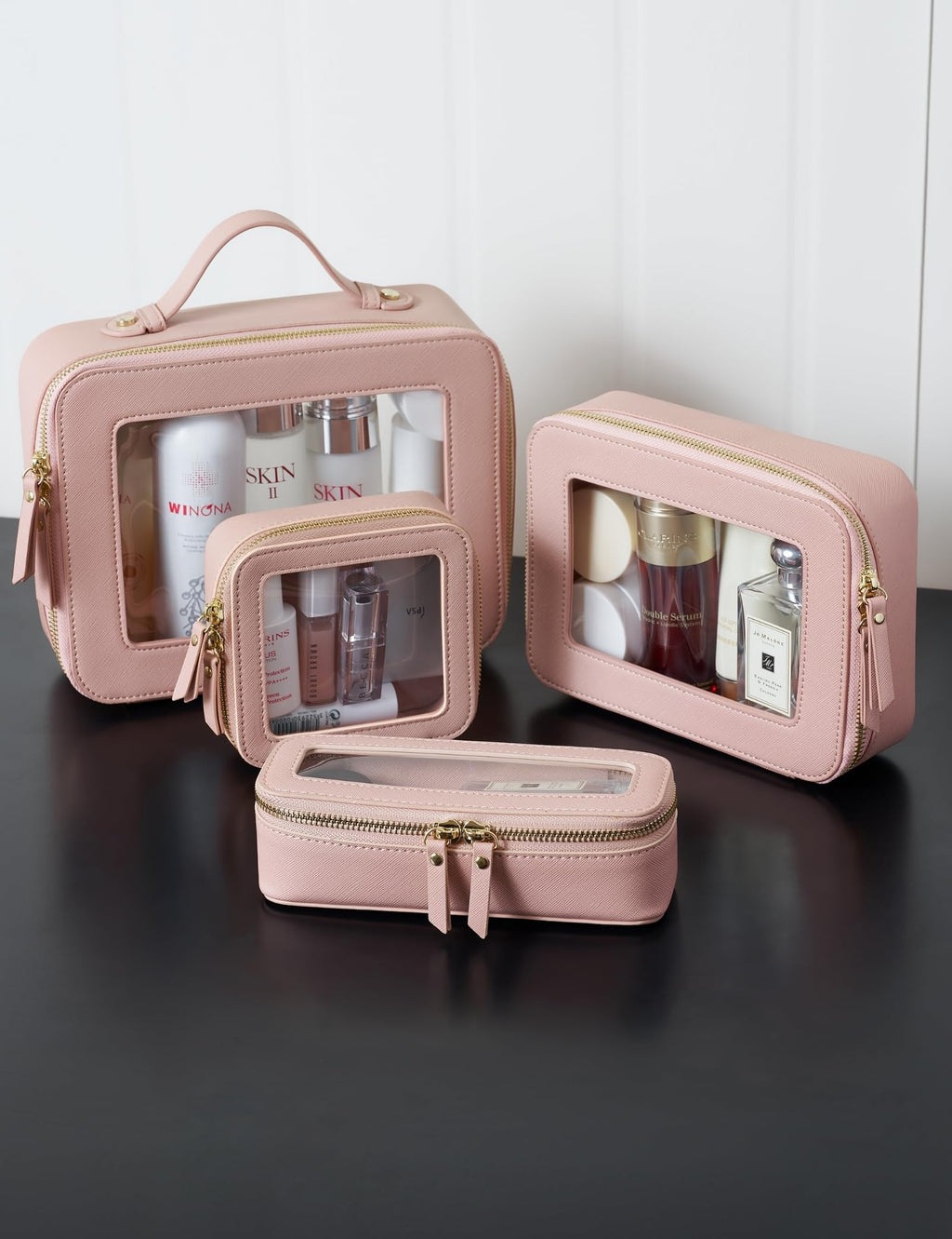 Popvibe Small Clear Pink Makeup Bag – Mini Leather Cosmetic Pouch for Travel & Everyday