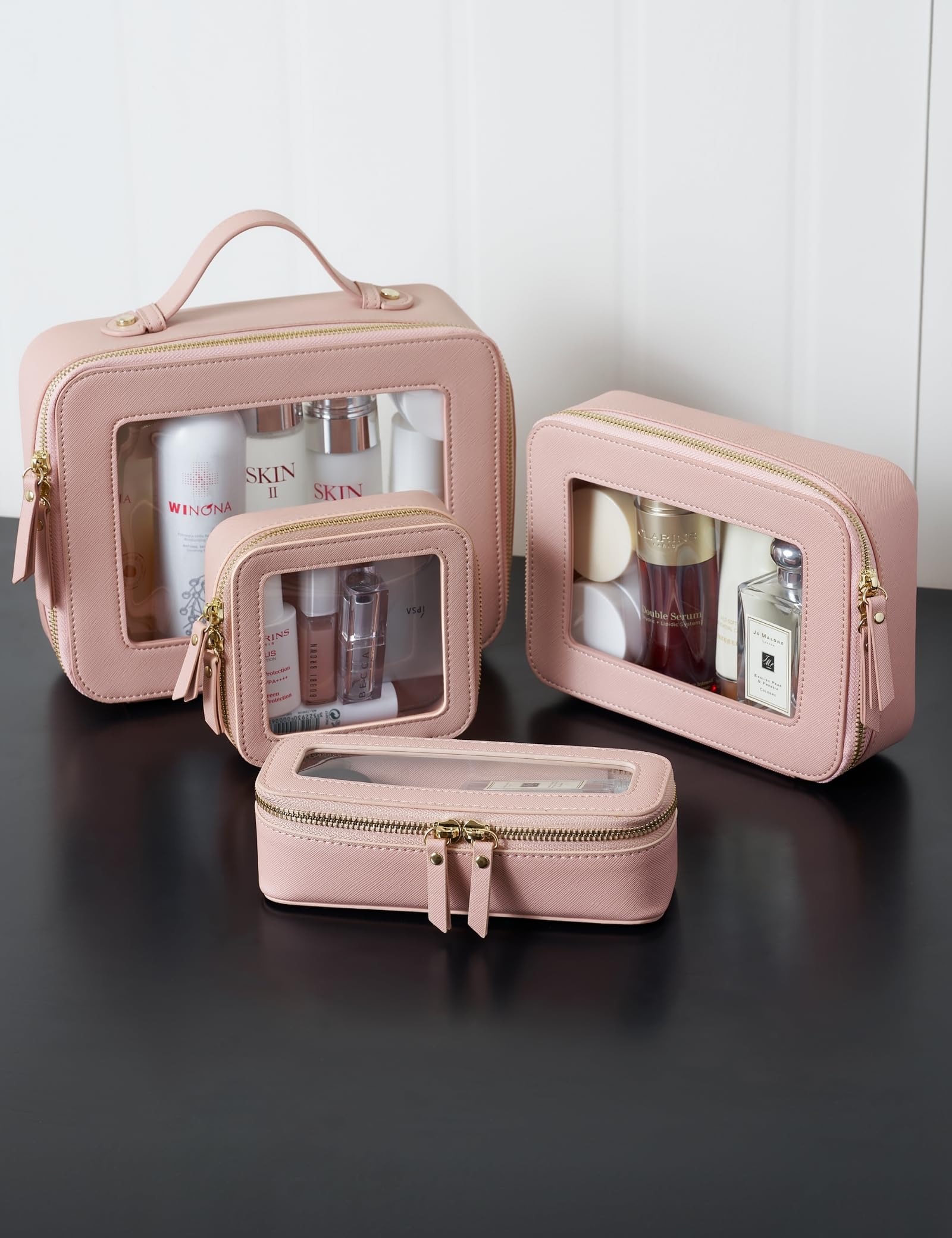 Popvibe Small Clear Pink Makeup Bag – Mini Leather Cosmetic Pouch for Travel & Everyday