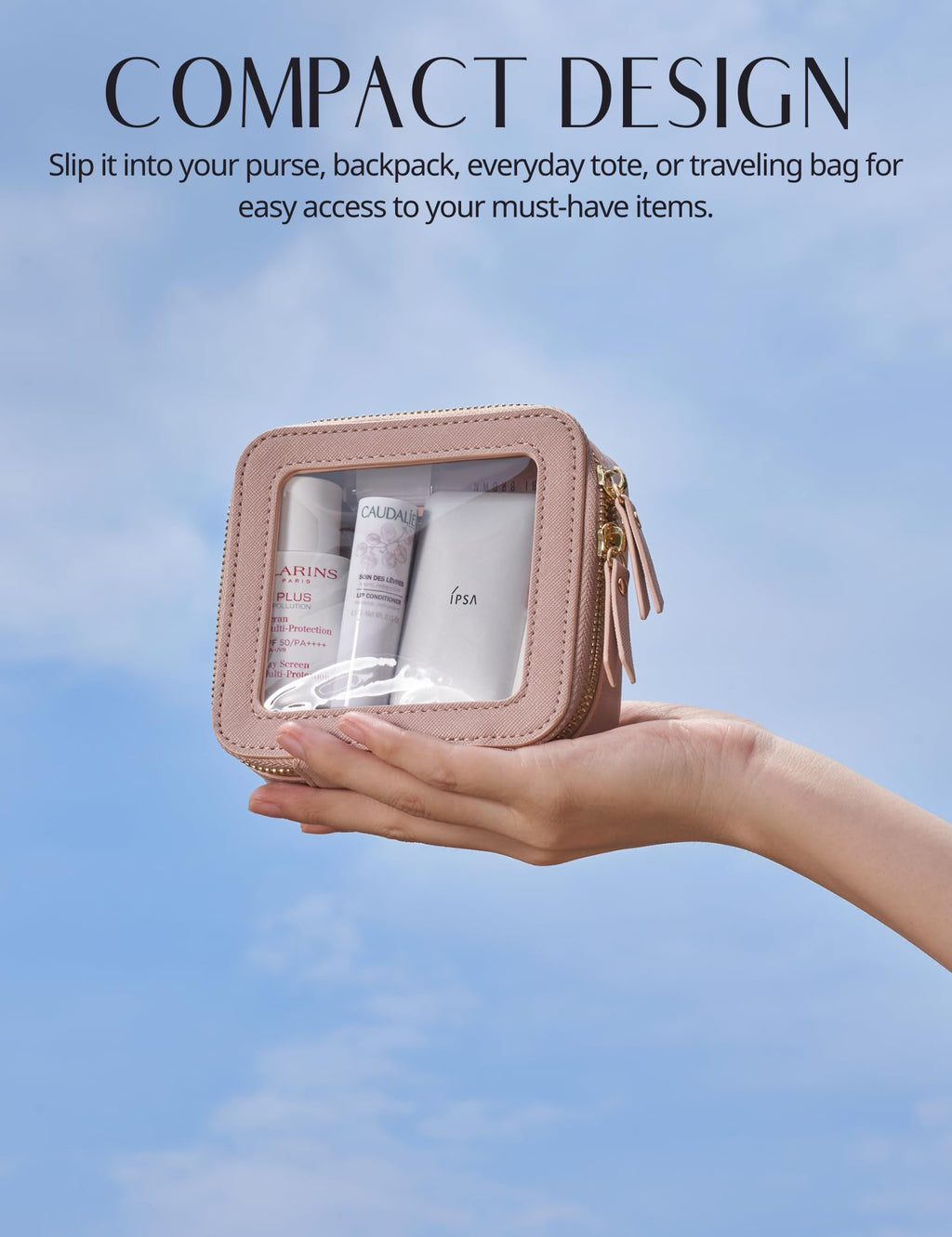 Popvibe Small Clear Pink Makeup Bag – Mini Leather Cosmetic Pouch for Travel & Everyday