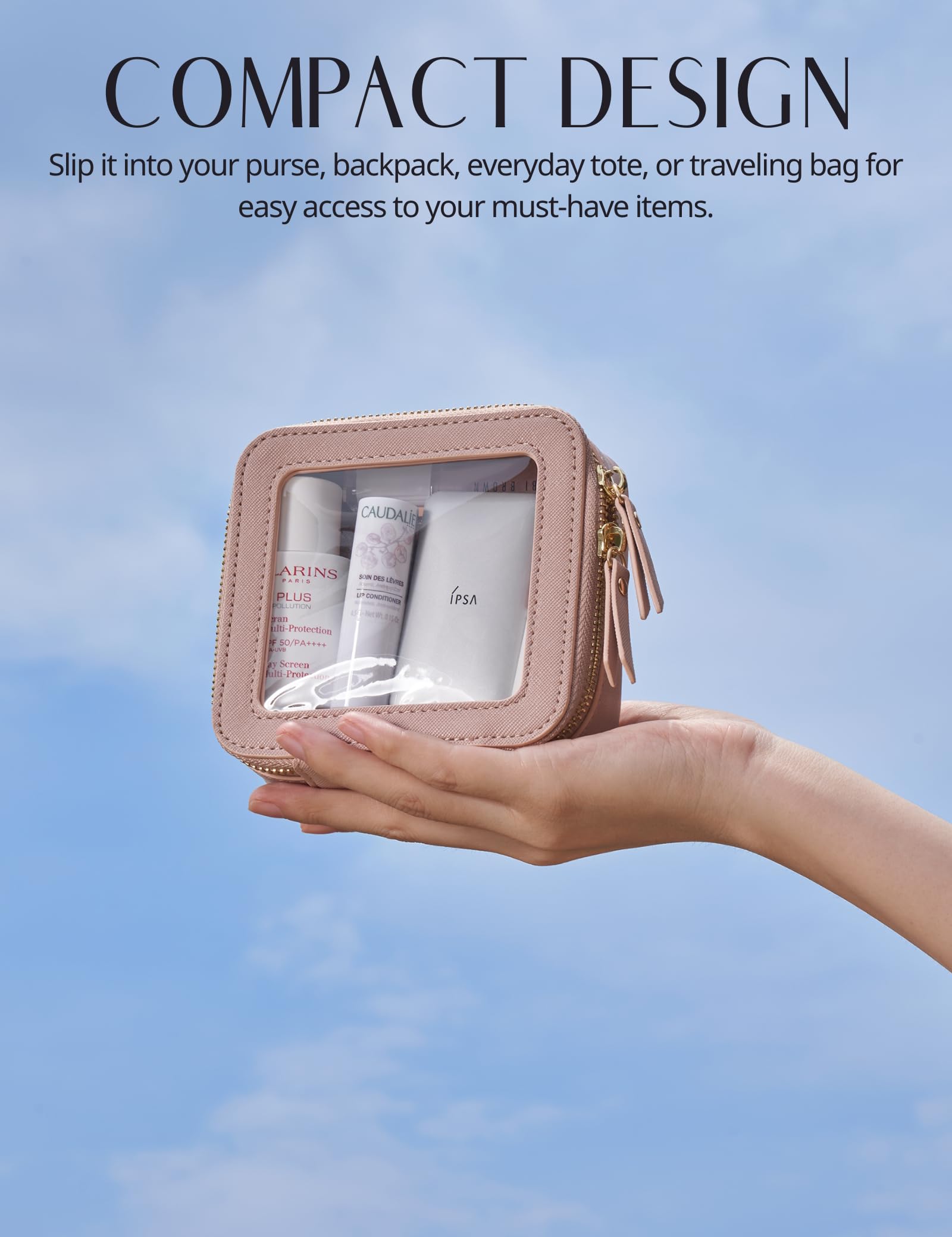 Popvibe Small Clear Pink Makeup Bag – Mini Leather Cosmetic Pouch for Travel & Everyday