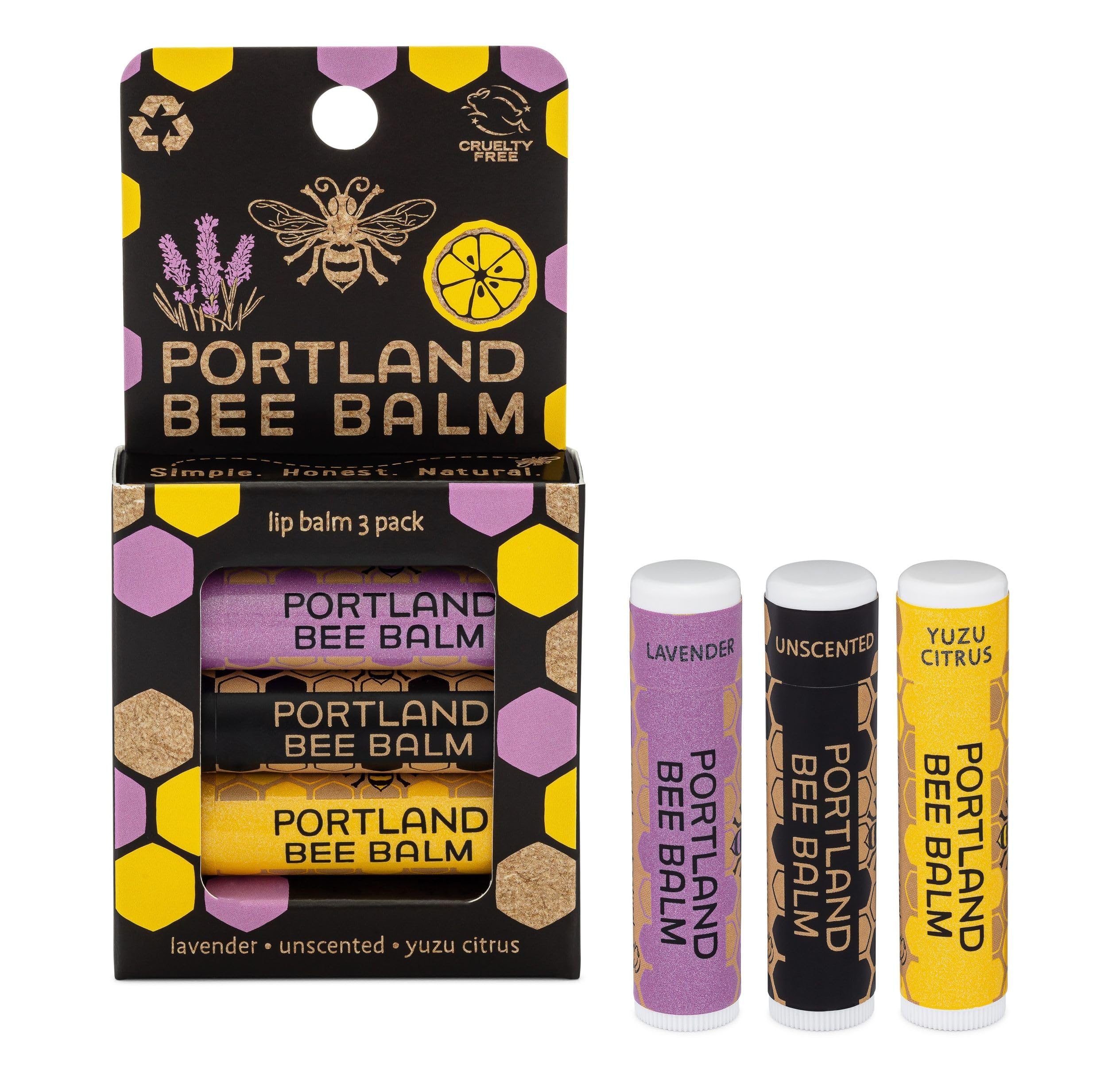Portland Bee Balm All Natural Handmade Lip Balm Set – Unscented, Yuzu Citrus & Lavender (3 Count)