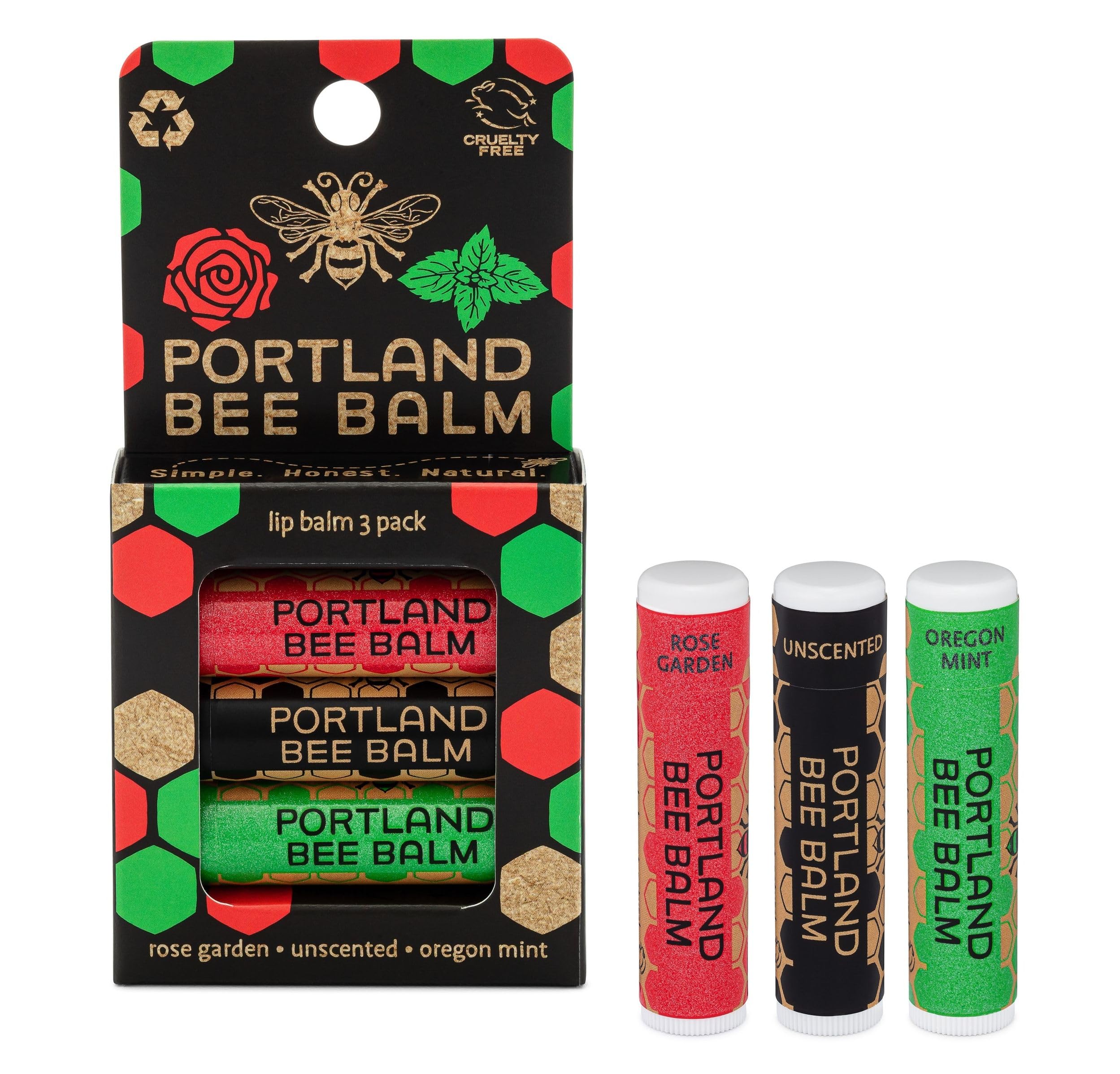 Portland Bee Balm All Natural Handmade Lip Balm – Unscented & Oregon Mint + Rose Assortment (3 Count)