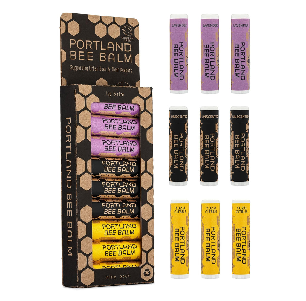 Portland Bee Balm All Natural Lip Balm Set – Unscented, Yuzu & Lavender (9 Count)