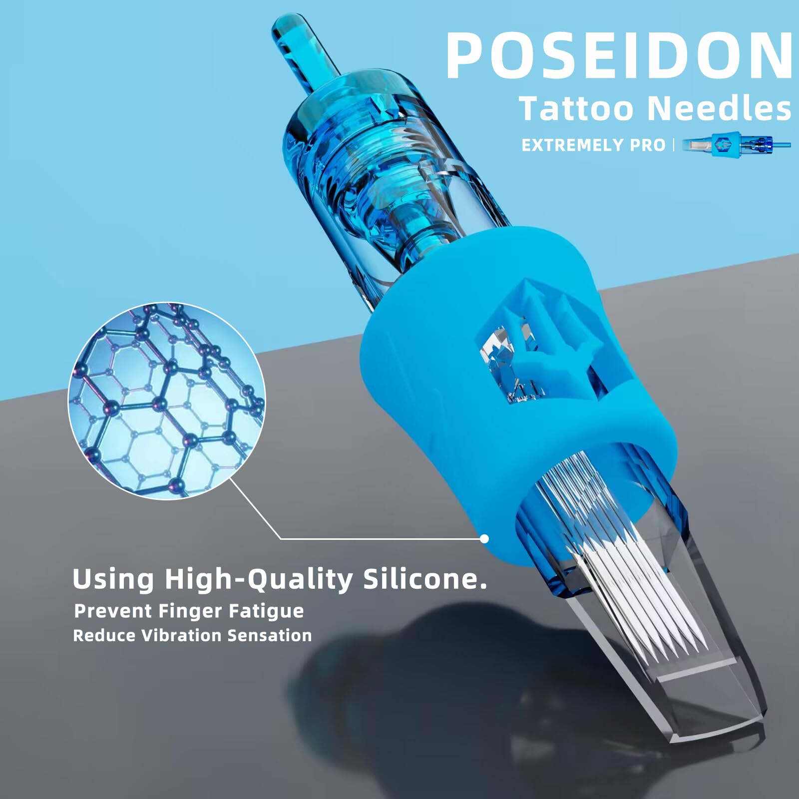 POSEIDON 1214RL Tattoo Cartridge Needles 50Pcs | #12 Round Liner, 316L Stainless, Silicone Grip, Universal Fit