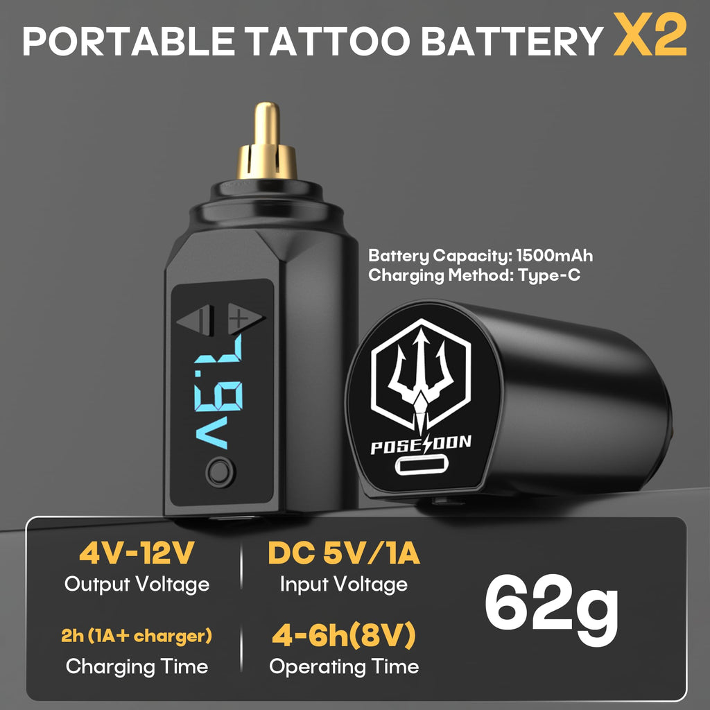 POSEIDON Tattoo Pen Set – Cordless Kit with Dual 1500mAh Batteries & 20 Cartridges