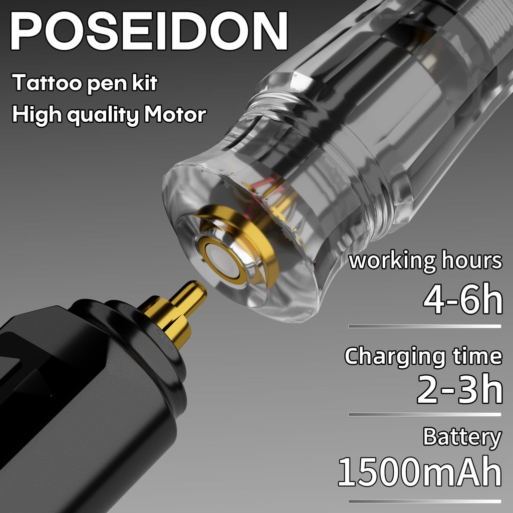 POSEIDON Tattoo Pen Set – Cordless Kit with Dual 1500mAh Batteries & 20 Cartridges