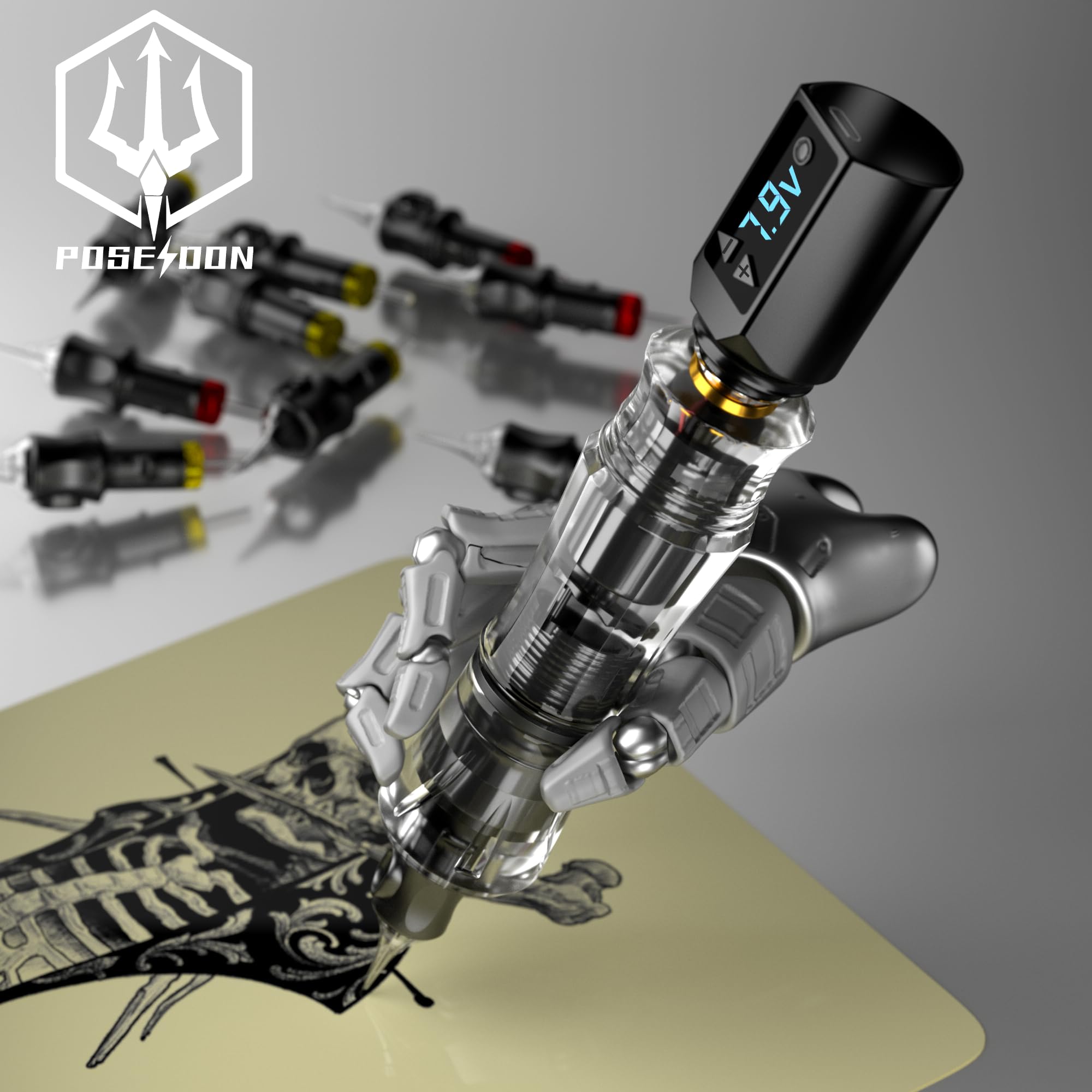 POSEIDON Tattoo Pen Set – Cordless Kit with Dual 1500mAh Batteries & 20 Cartridges