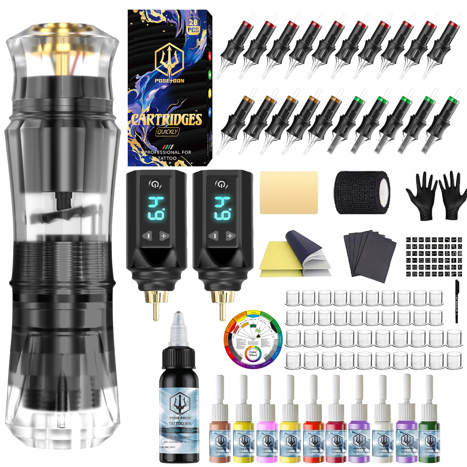 POSEIDON Tattoo Pen Set – Cordless Kit with Dual 1500mAh Batteries & 20 Cartridges