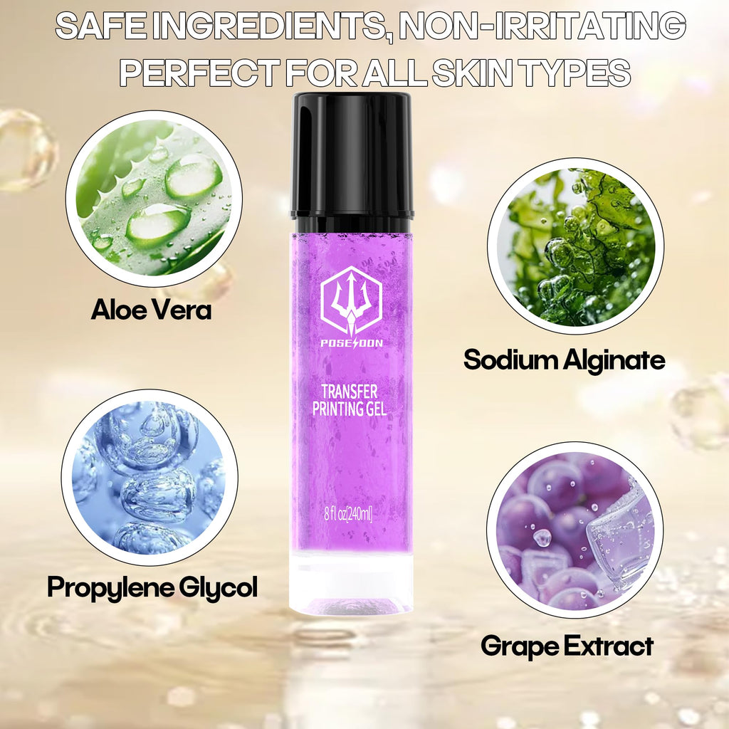 POSEIDON Tattoo Stencil Transfer Gel — 8 oz / 240 ml, Long-Lasting & Smudge-Proof for Paper & Machines (Juicy Grape Scent)
