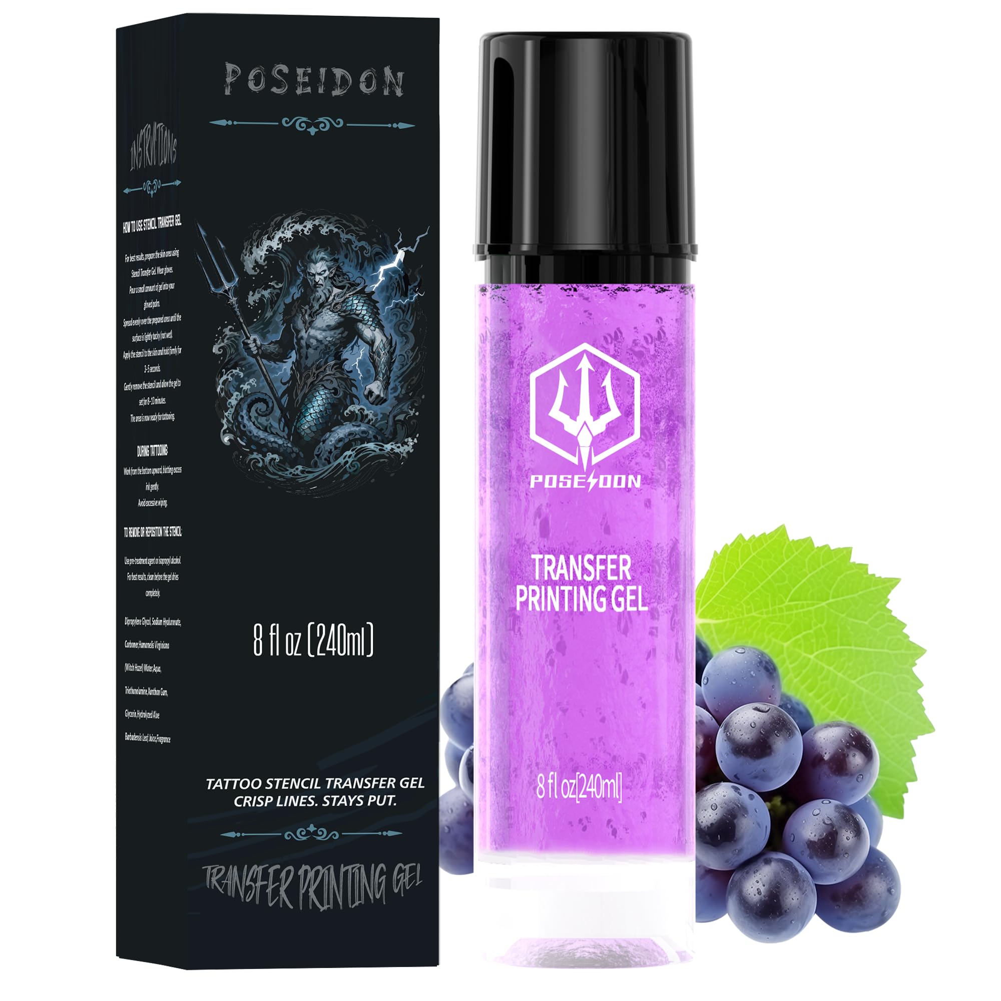 POSEIDON Tattoo Stencil Transfer Gel — 8 oz / 240 ml, Long-Lasting & Smudge-Proof for Paper & Machines (Juicy Grape Scent)