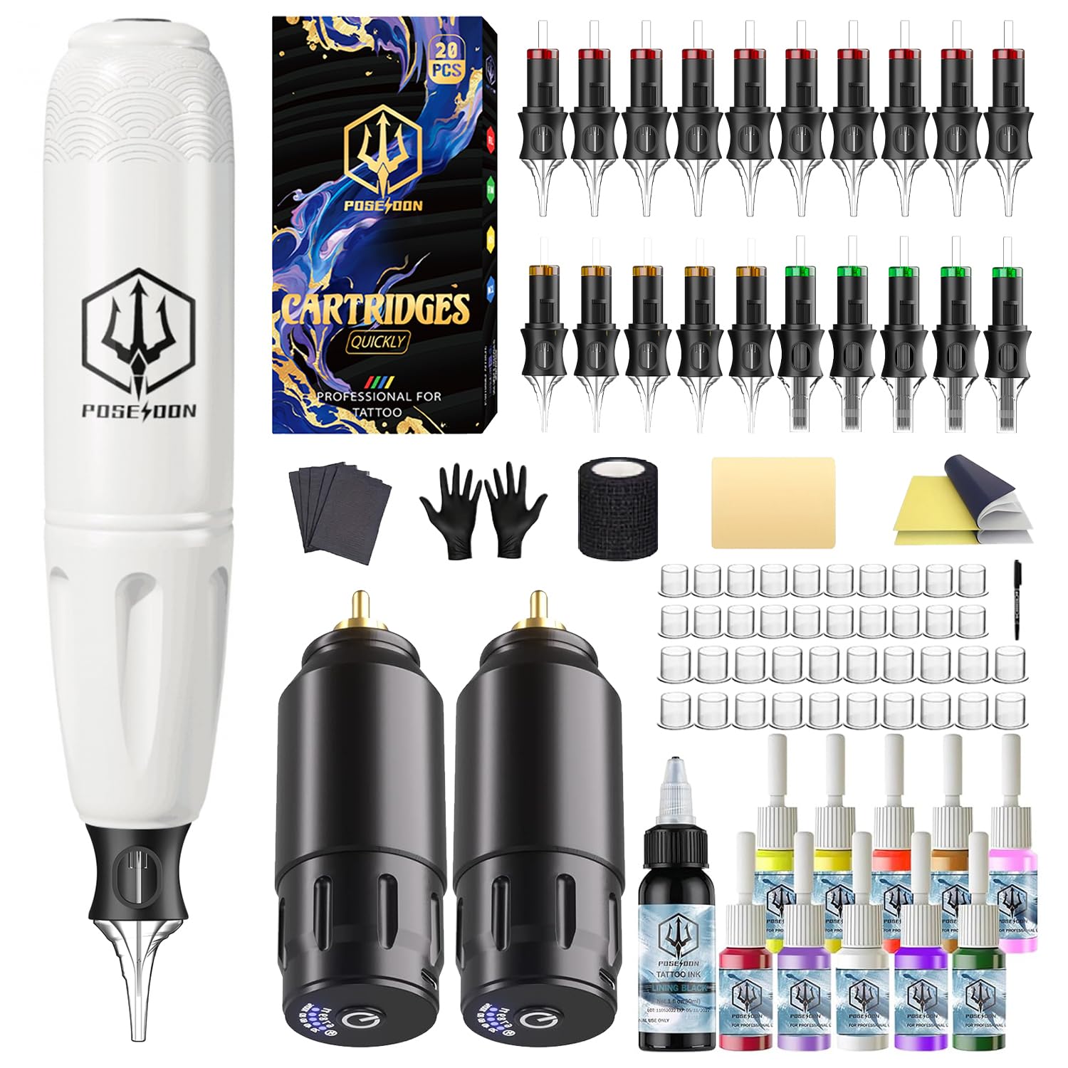 POSEIDON Wireless Rotary Tattoo Machine Kit – 20 Cartridges, Ink Set & Dual Battery Pack | Beginner Friendly
