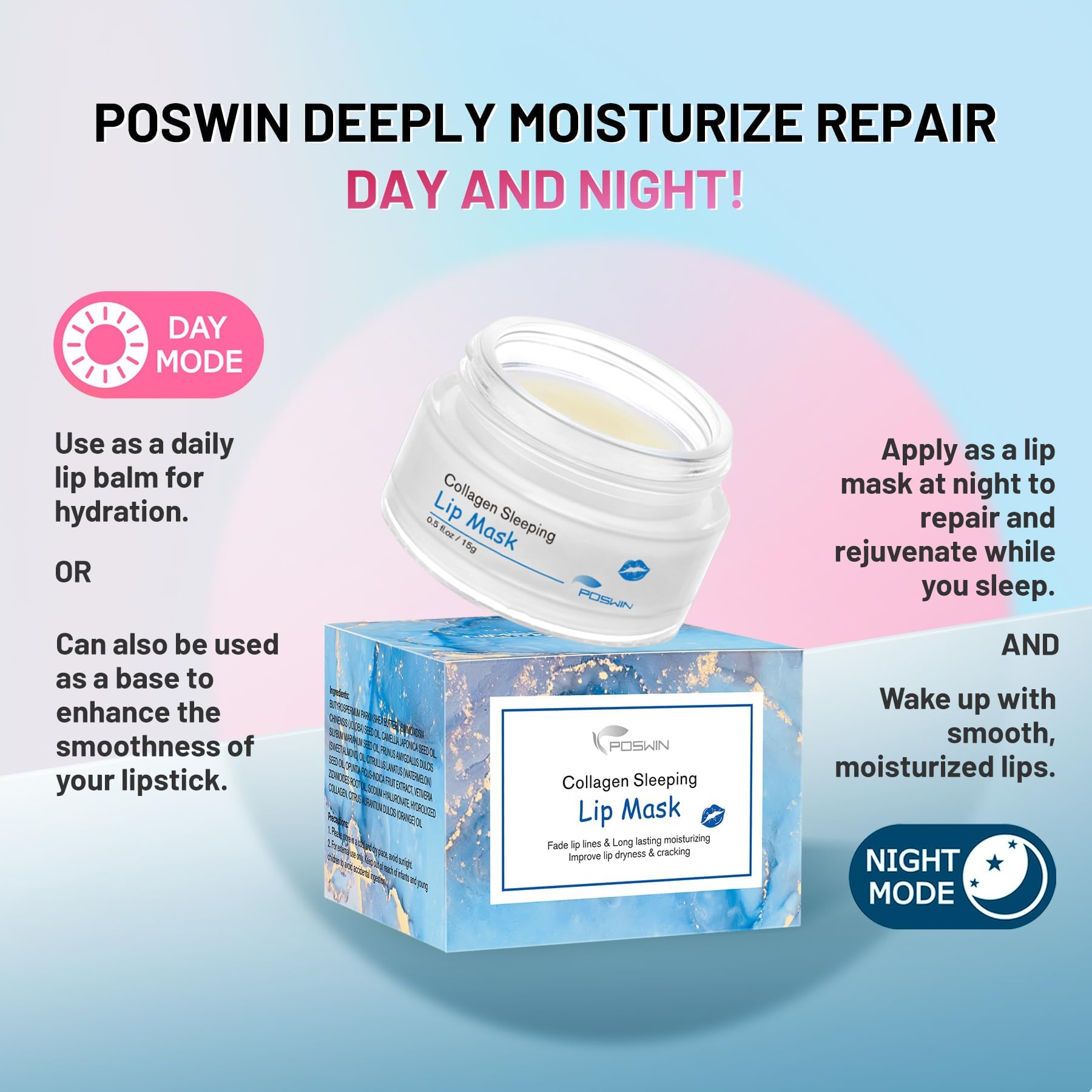 POSWIN Lip Sleeping Mask — Moisture & Collagen Overnight Lip Treatment 15g