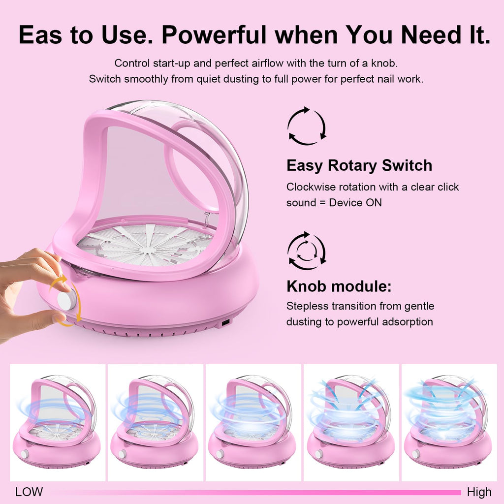PowCube Nail Dust Collector with Transparent Airflow Shield – 5000RPM Ultra Quiet Vacuum (Pink)