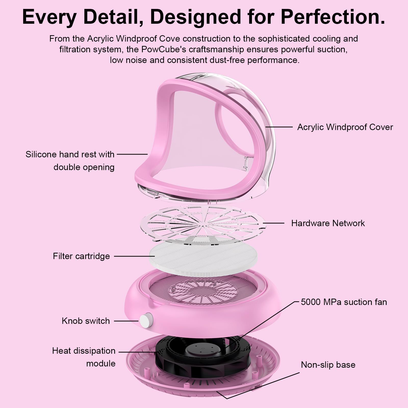 PowCube Nail Dust Collector with Transparent Airflow Shield – 5000RPM Ultra Quiet Vacuum (Pink)