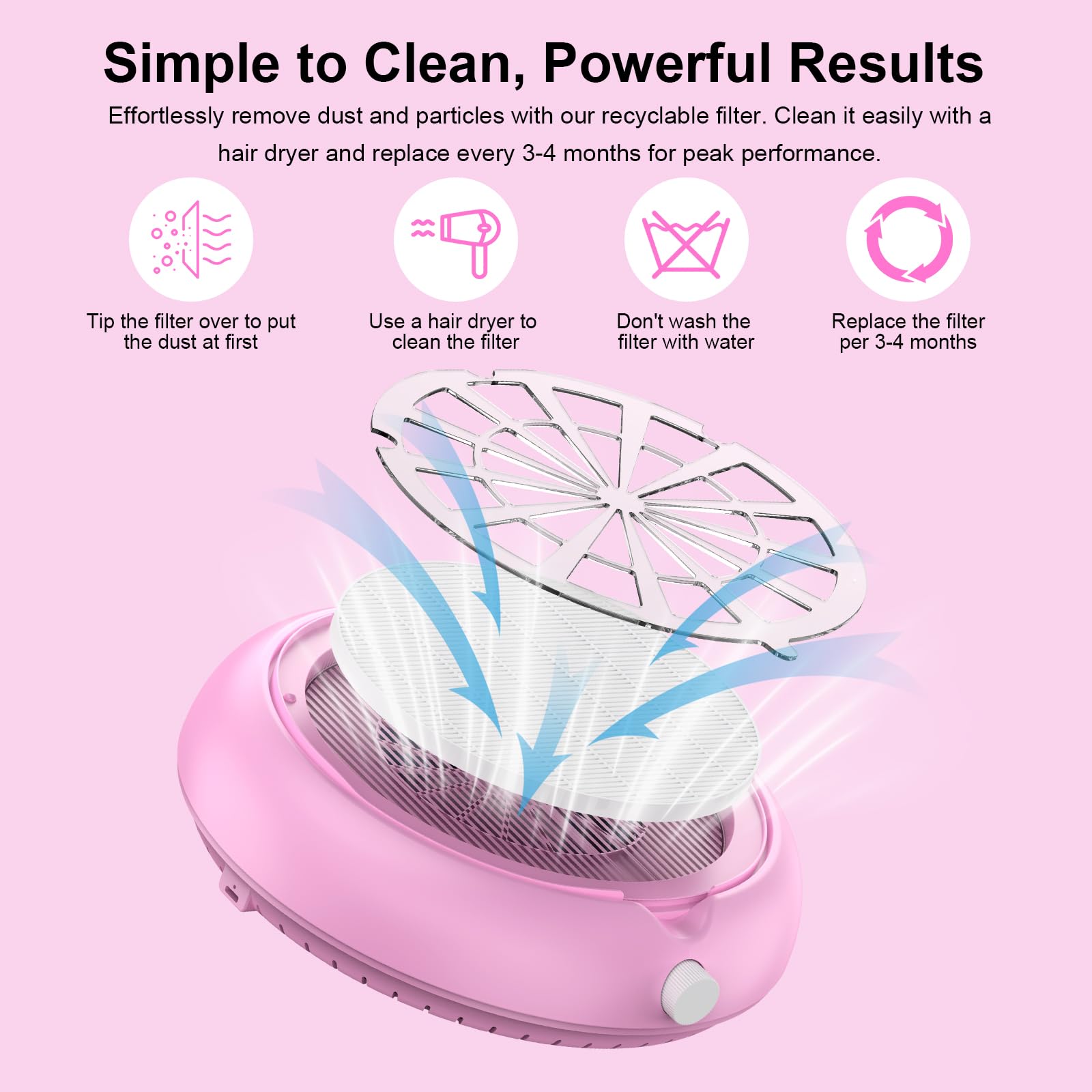 PowCube Nail Dust Collector with Transparent Airflow Shield – 5000RPM Ultra Quiet Vacuum (Pink)