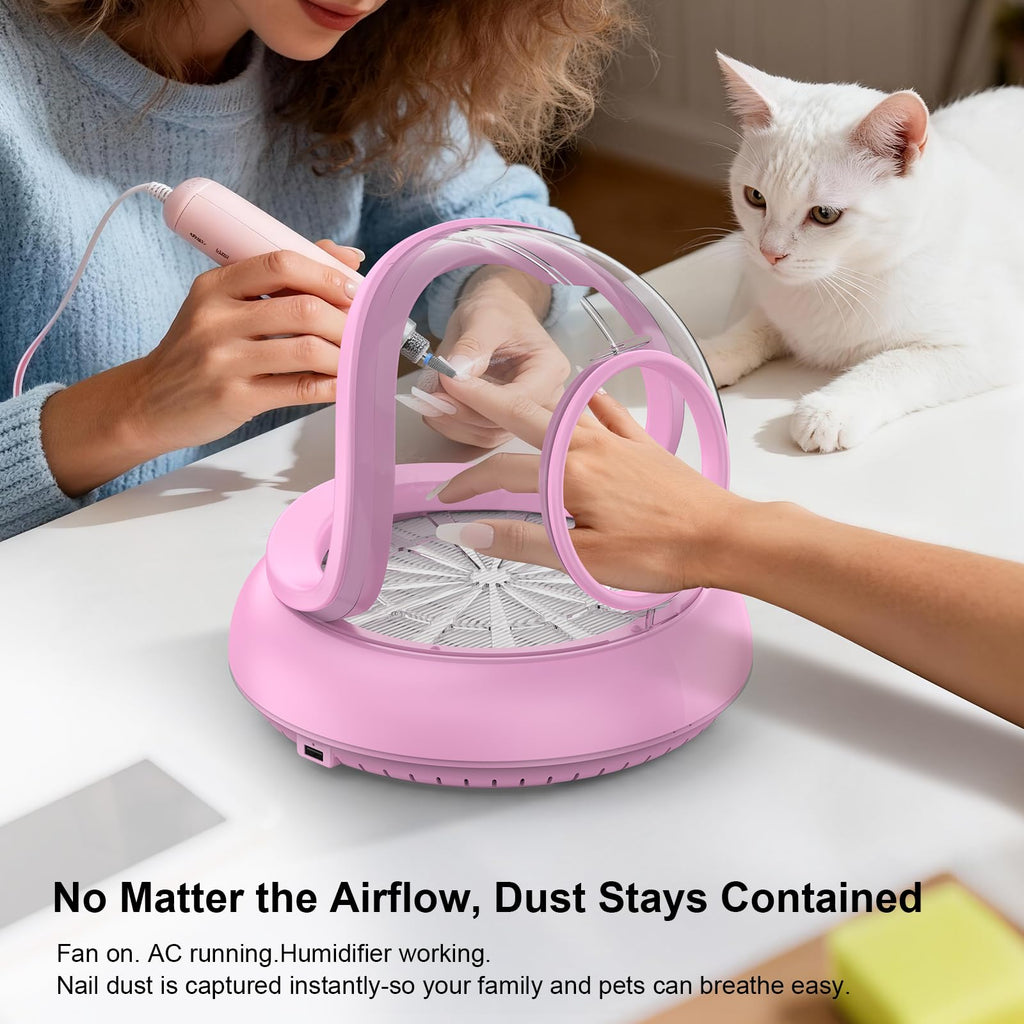 PowCube Nail Dust Collector with Transparent Airflow Shield – 5000RPM Ultra Quiet Vacuum (Pink)