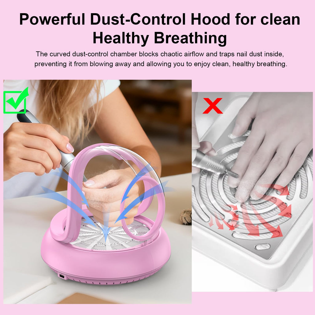 PowCube Nail Dust Collector with Transparent Airflow Shield – 5000RPM Ultra Quiet Vacuum (Pink)
