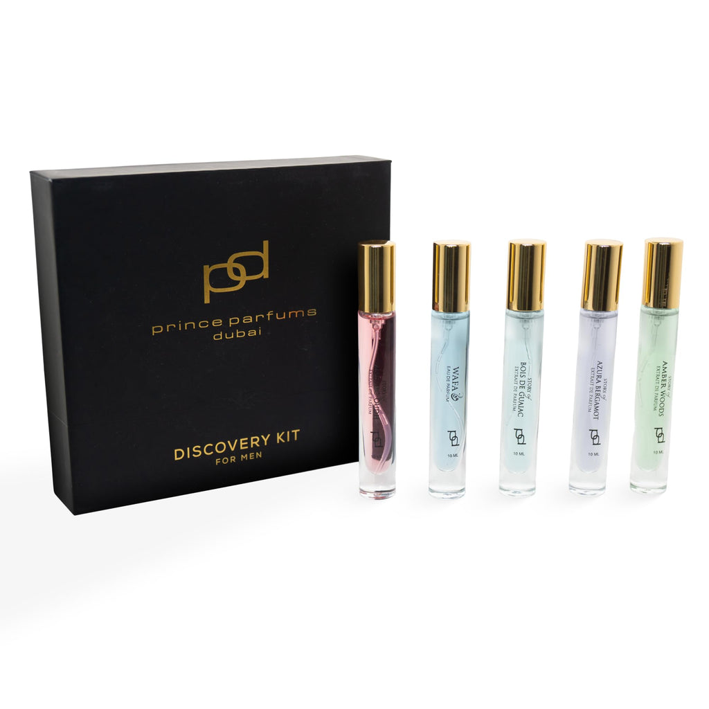Prince Parfums Dubai – Men’s Discovery Kit: 5 x 10ml Extrait de Parfum Sprays (Wafa, Majestic Oudh, Bois de Guaiac, Azura Bergamot, Amber Woods)