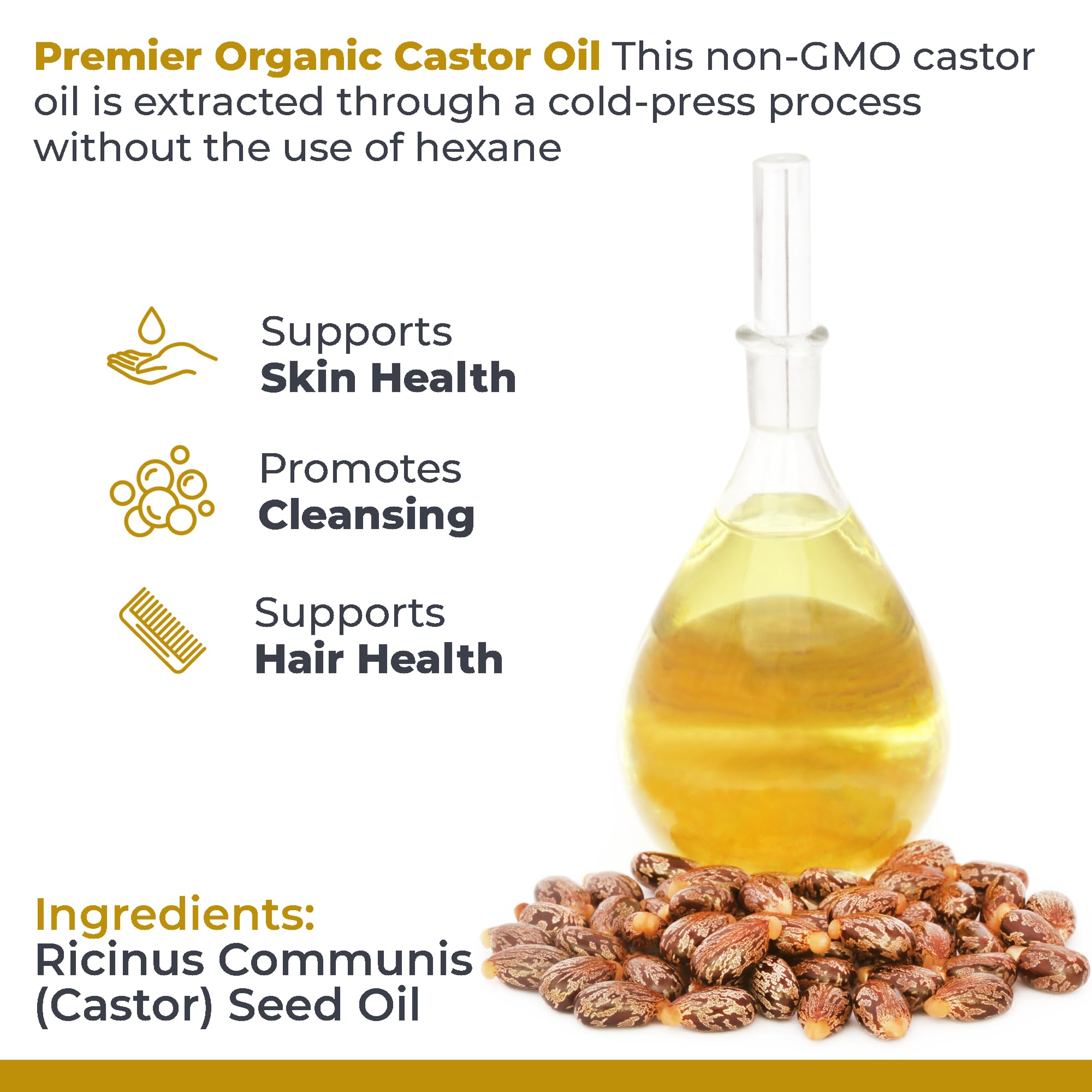 Premier Research Labs Organic Castor Oil – Cold-Pressed, 100% Pure, Hexane Free, 8 oz
