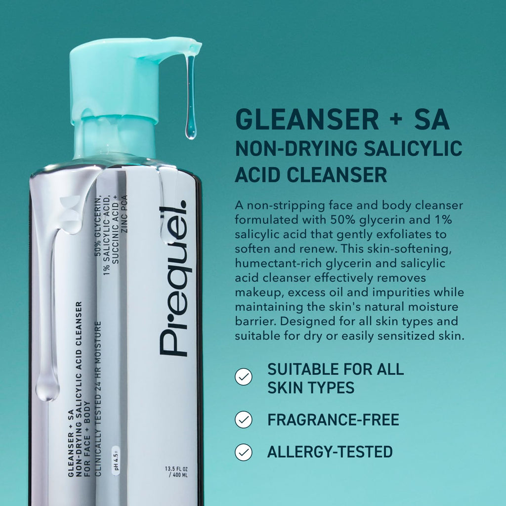 Prequel Skin Gleanser SA – Moisturizing Glycerin Face Wash with 1% Salicylic Acid (Unscented, 2 x 13.5 oz)