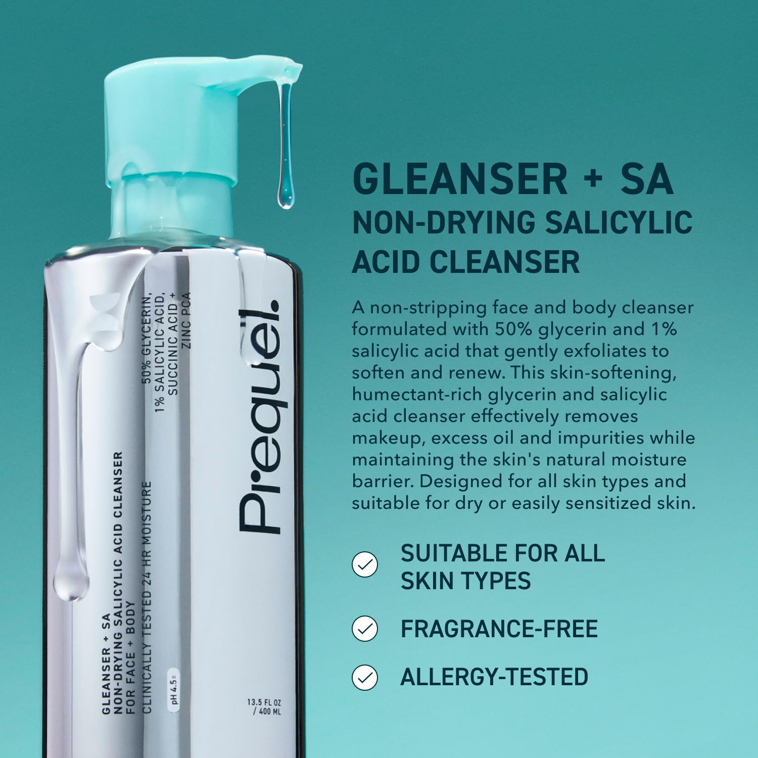 Prequel Skin Gleanser SA – Moisturizing Glycerin Face Wash with 1% Salicylic Acid (Unscented, 2 x 13.5 oz)