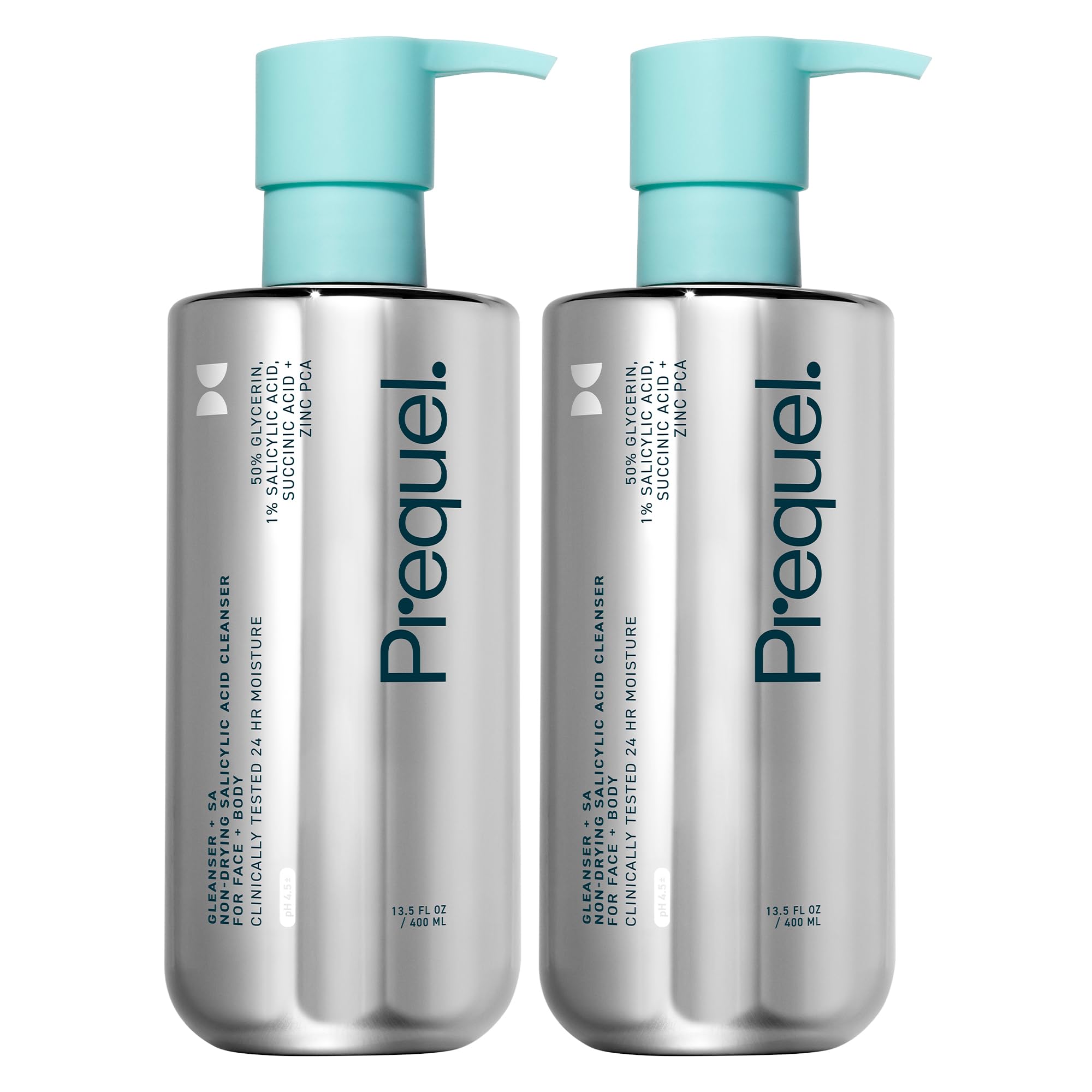 Prequel Skin Gleanser SA – Moisturizing Glycerin Face Wash with 1% Salicylic Acid (Unscented, 2 x 13.5 oz)