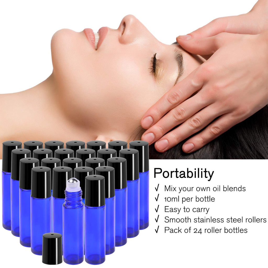 PrettyCare Roller Bottles 10ml – 12 Pack Blue Glass with Black Cap, 24 Labels, 2 Extra Roller Balls, Opener & 2 Funnels