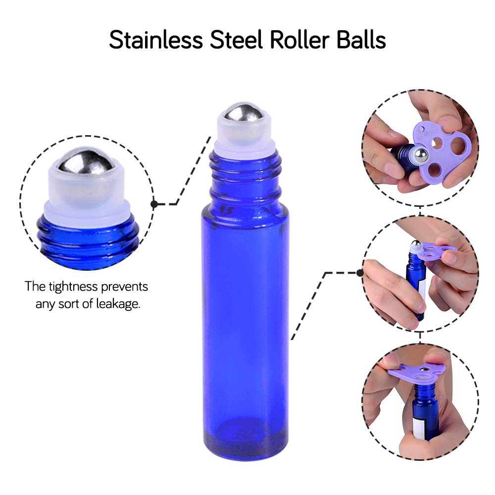 PrettyCare Roller Bottles 10ml – 12 Pack Blue Glass with Black Cap, 24 Labels, 2 Extra Roller Balls, Opener & 2 Funnels
