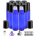 PrettyCare Roller Bottles 10ml – 12 Pack Blue Glass with Black Cap, 24 Labels, 2 Extra Roller Balls, Opener & 2 Funnels
