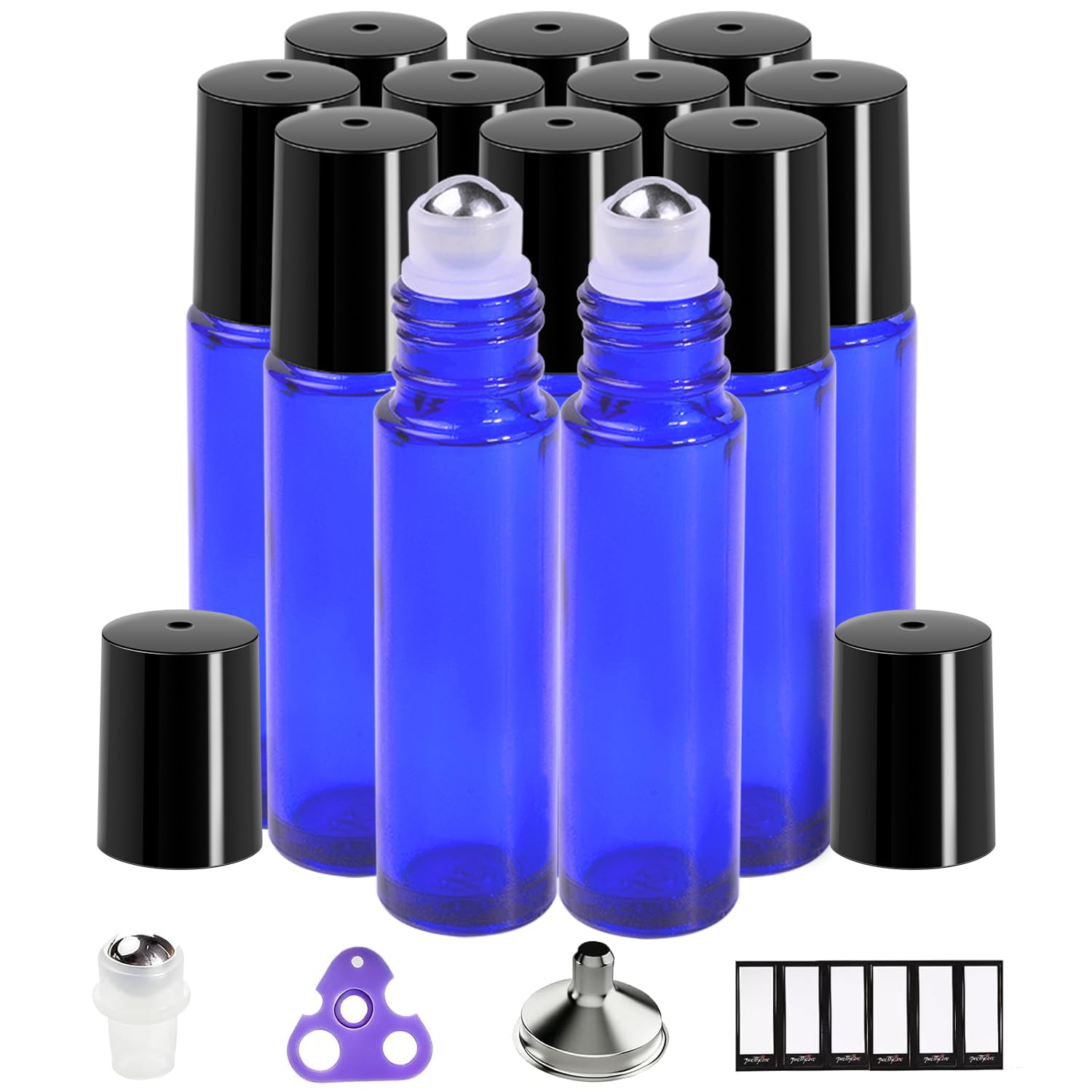 PrettyCare Roller Bottles 10ml – 12 Pack Blue Glass with Black Cap, 24 Labels, 2 Extra Roller Balls, Opener & 2 Funnels