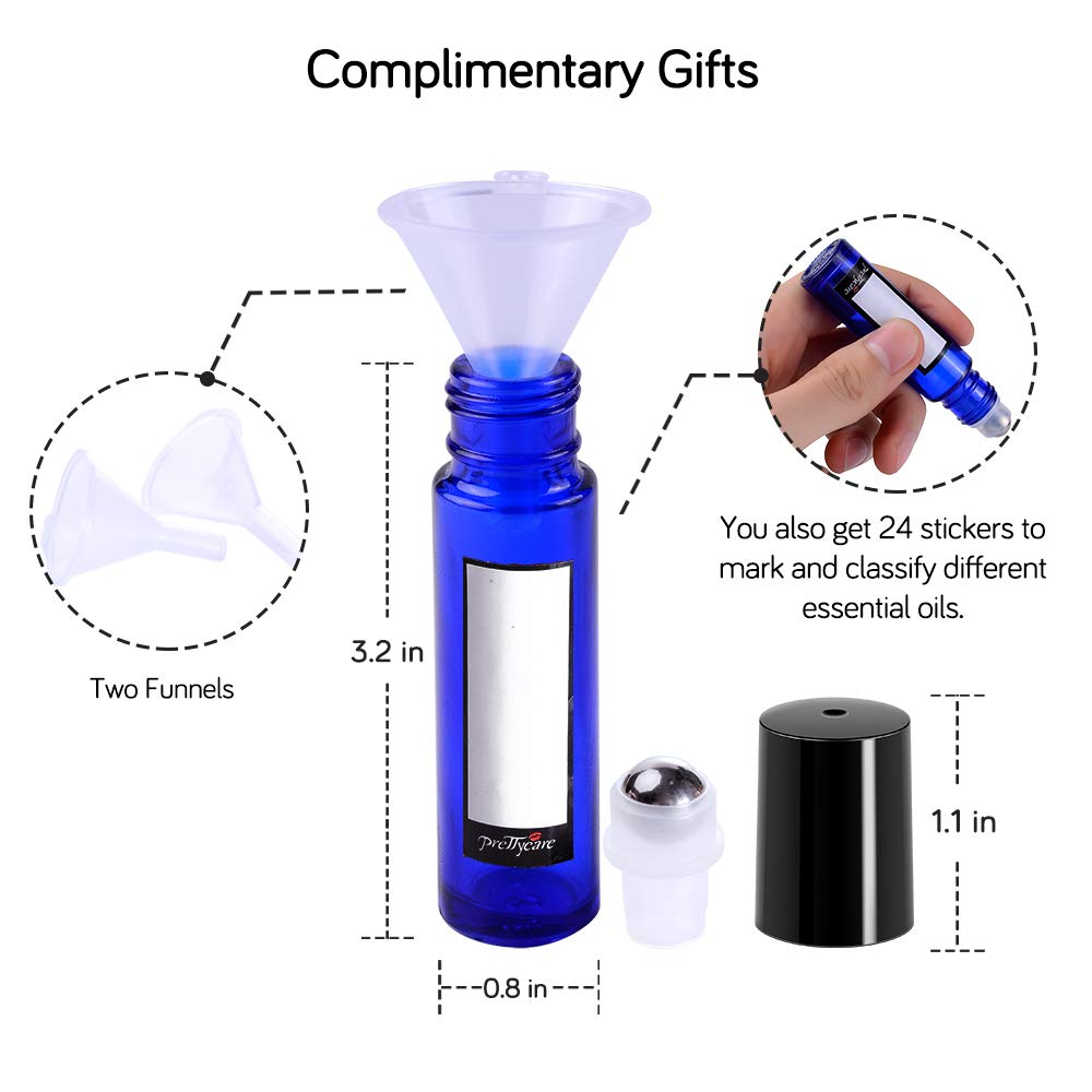 PrettyCare Roller Bottles 10ml – 12 Pack Blue Glass with Black Cap, 24 Labels, 2 Extra Roller Balls, Opener & 2 Funnels