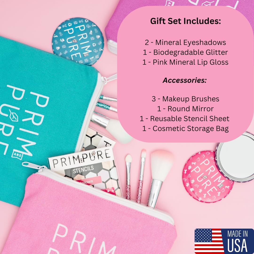 Prim and Pure Kids Makeup Gift Set – Unicorn Pink with Stencil, Bioglitter Lip Gloss, Eyeshadow & Mirror